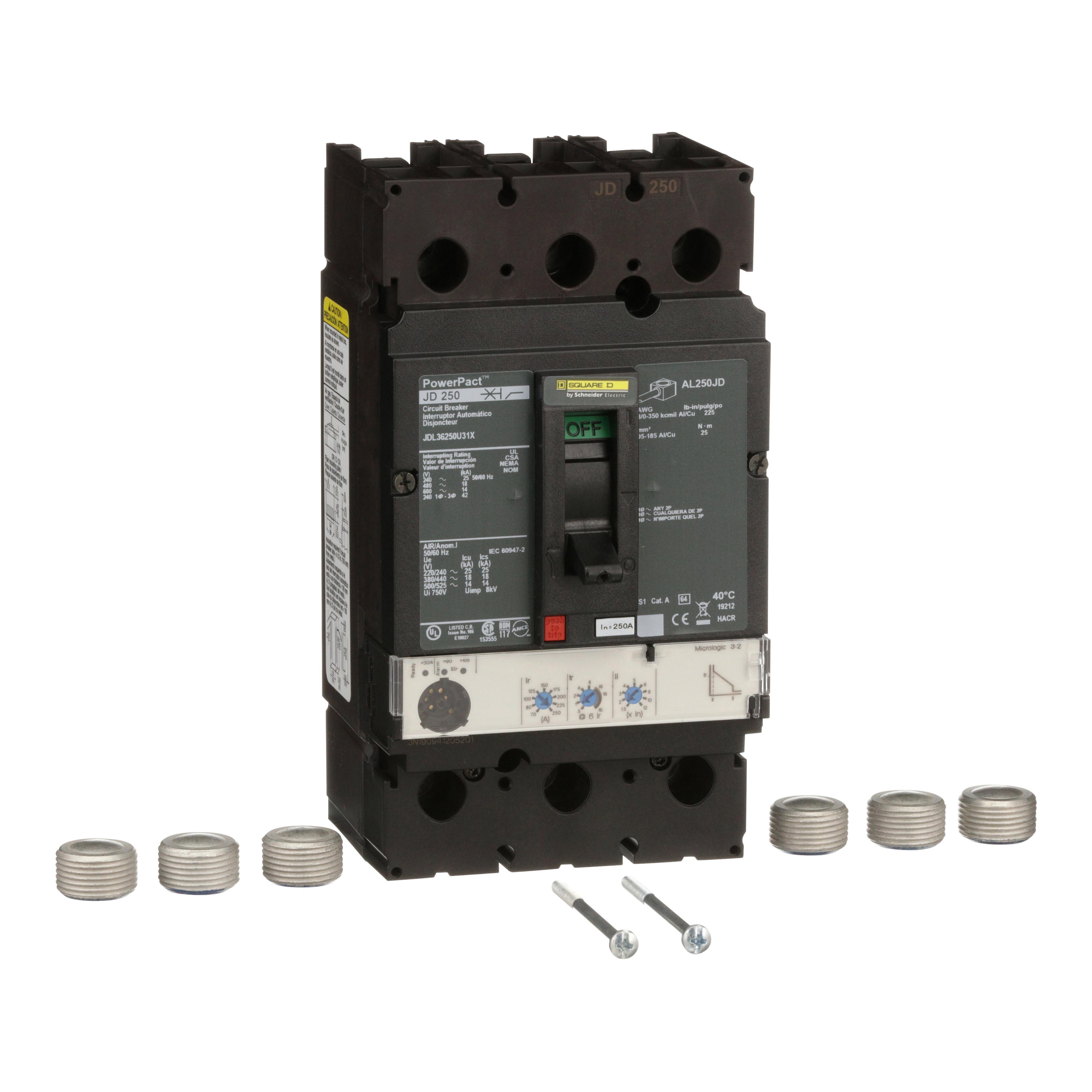 Square D™ PowerPact™ JDL36250U31X 80% Rated J Molded Case Circuit Breaker, 600 V AC, 250 A, 25 kA at 240 V AC/18 kA at 480 V AC/14 kA at 600 V AC/20 kA at 250 VDC Interrupt, 3 Poles, Electronic Trip