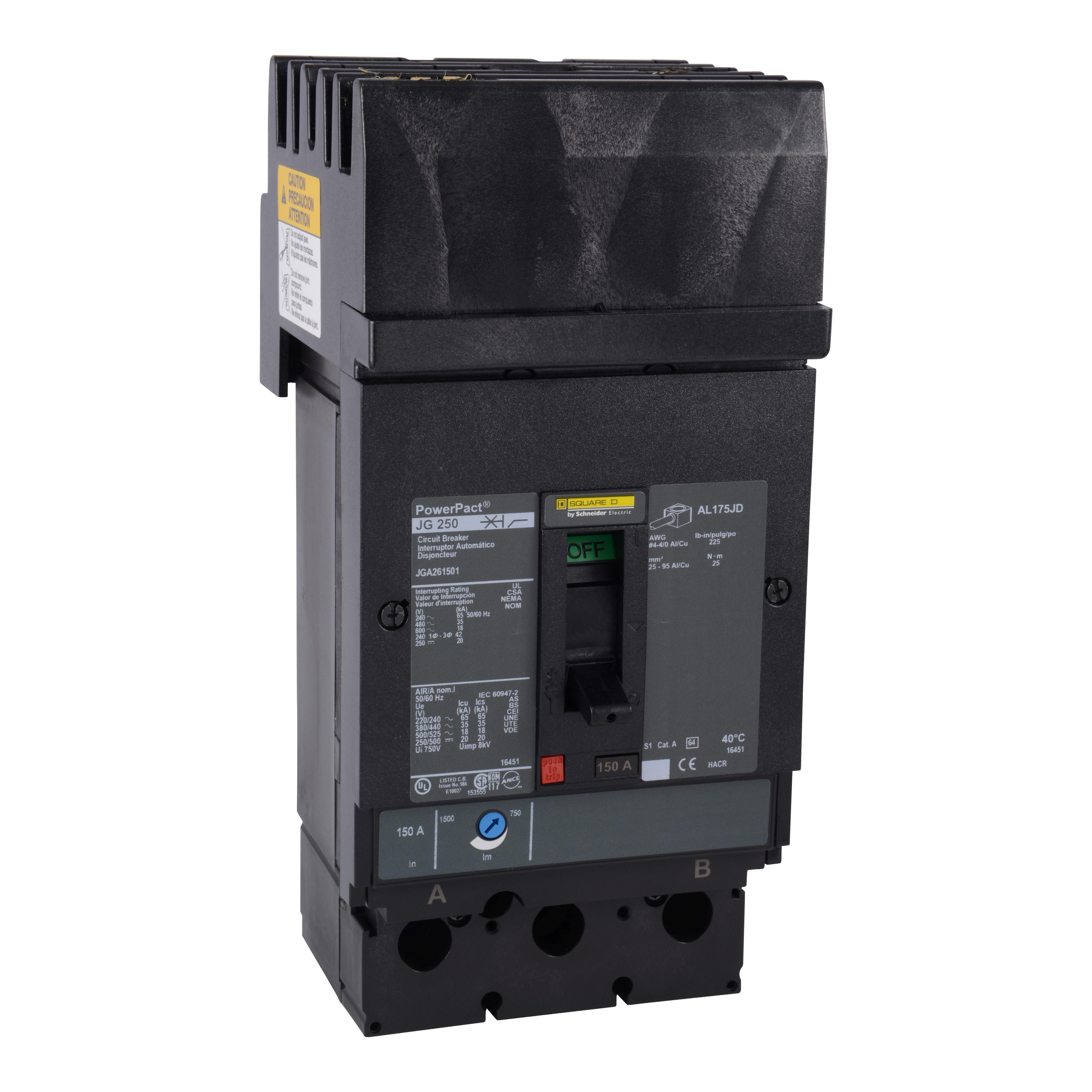 Square D™ I-Line™ PowerPact™ J JGA262252 80% Rated Molded Case Circuit Breaker, 600 V AC/500 V DC, 225 A, 18/20/35/65 kA Interrupt, 2 Poles, Thermal Magnetic Trip