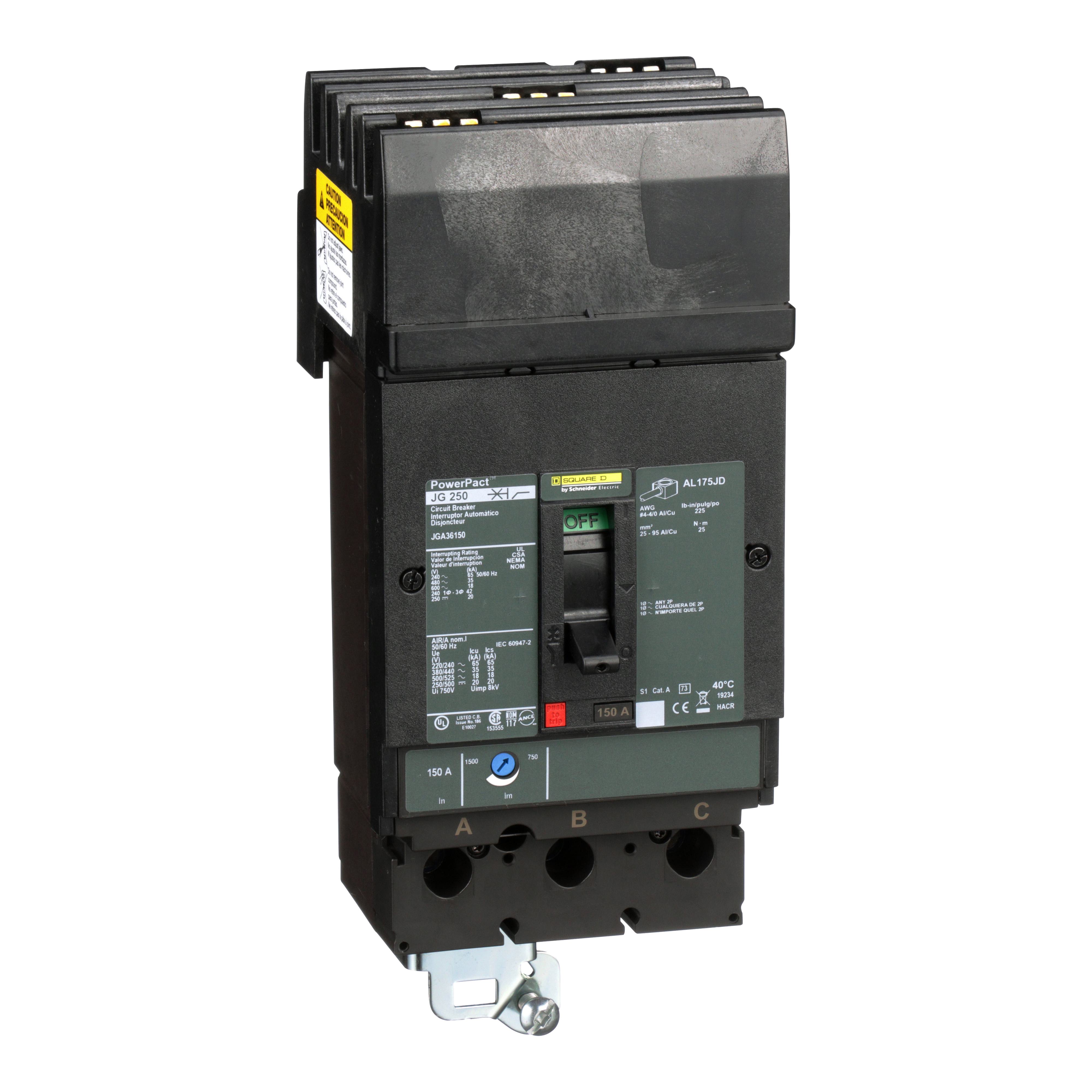 Square D™ JGA36150 JGA Molded Case Circuit Breaker, 600 V AC/500 V DC, 150 A, 18/20 kA Interrupt, 3 Poles, Thermal Magnetic Trip