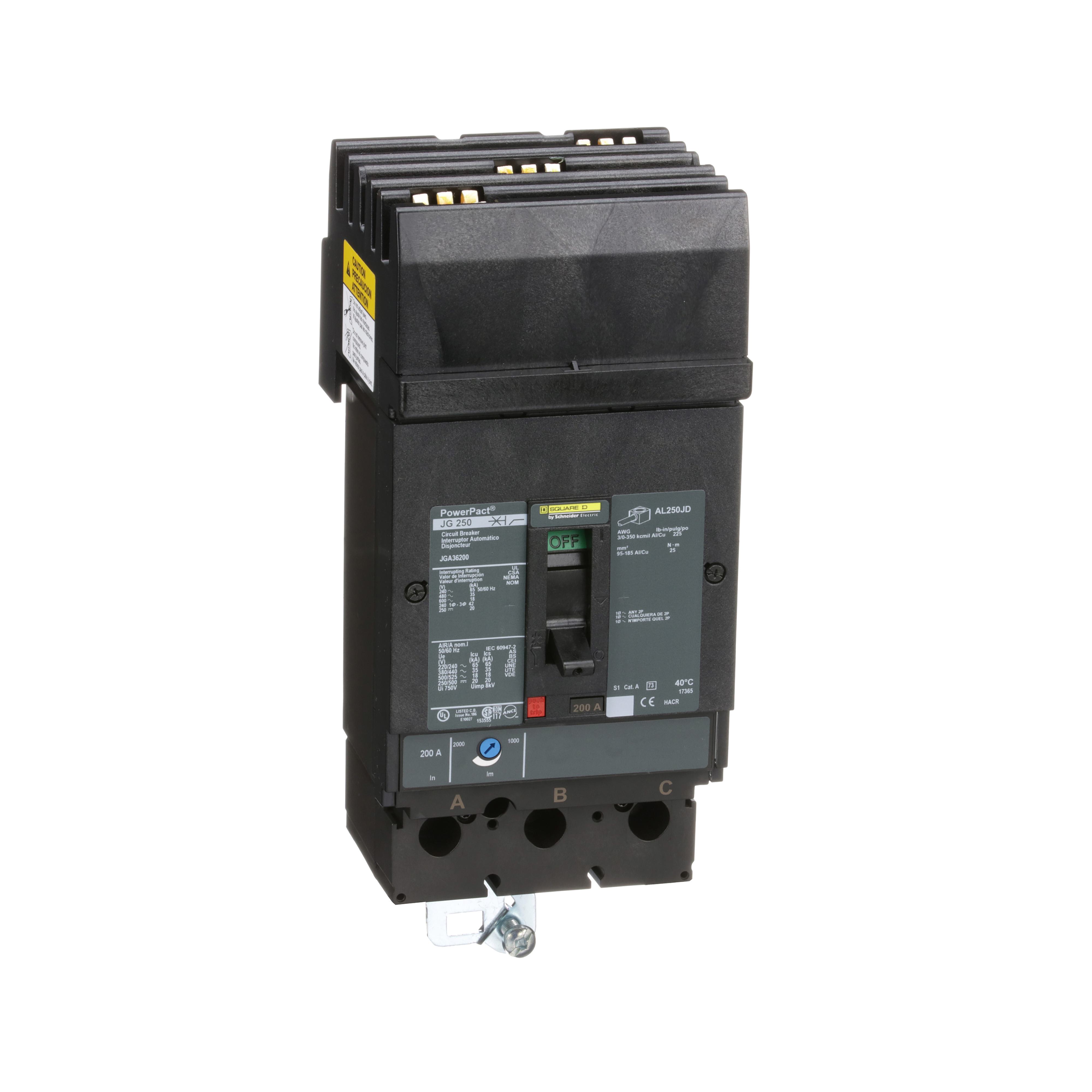 Square D™ PowerPact™ JGA36200 Type JGA Standard Molded Case Circuit Breaker, 600 V AC/250 V DC, 200 A, 18/20 kA Interrupt, 3 Poles, Thermal Magnetic Trip