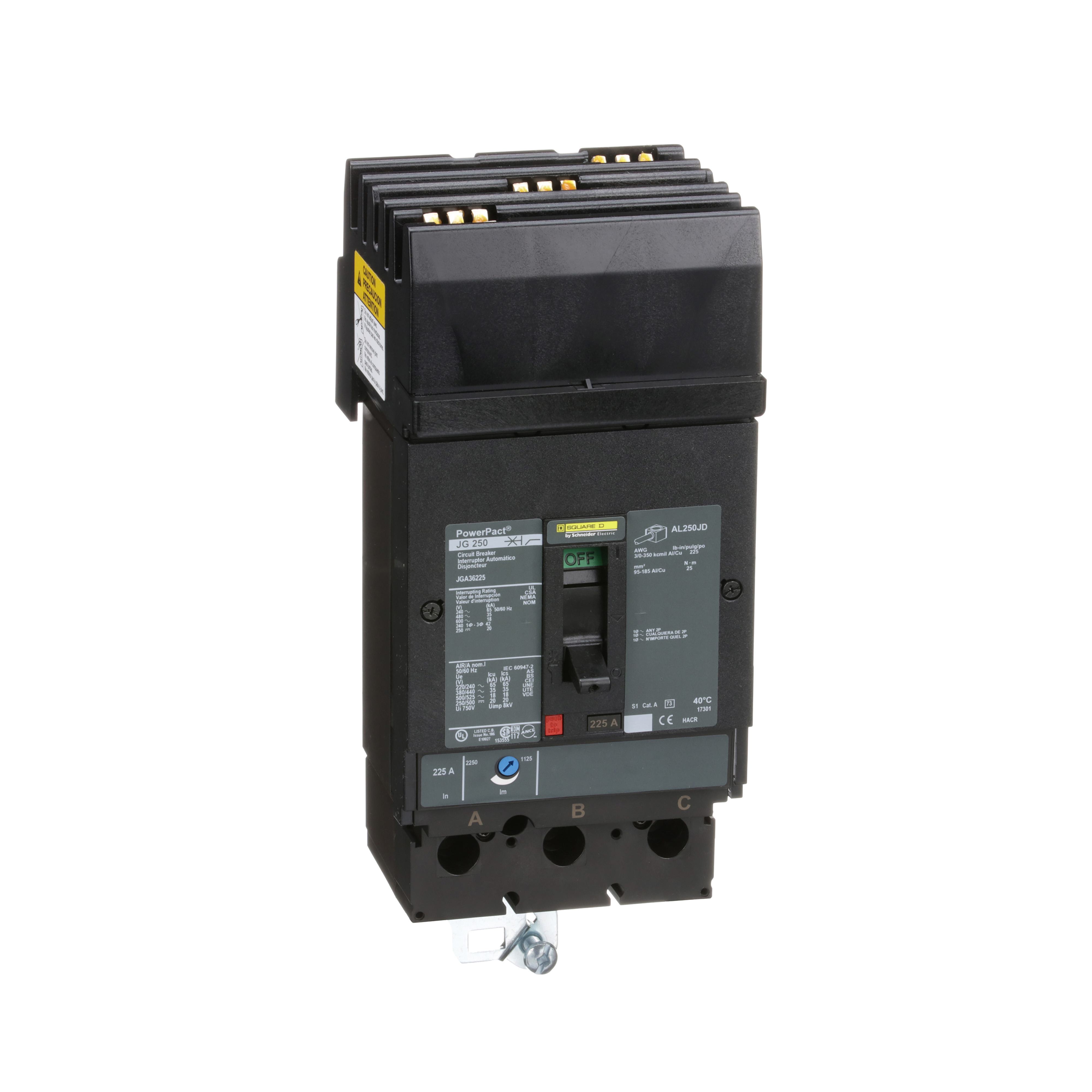 Square D™ PowerPact™ JGA36225 Type JGA Molded Case Circuit Breaker, 600 V AC/250 V DC, 225 A, 18/20 kA Interrupt, 3 Poles, Thermal Magnetic Trip