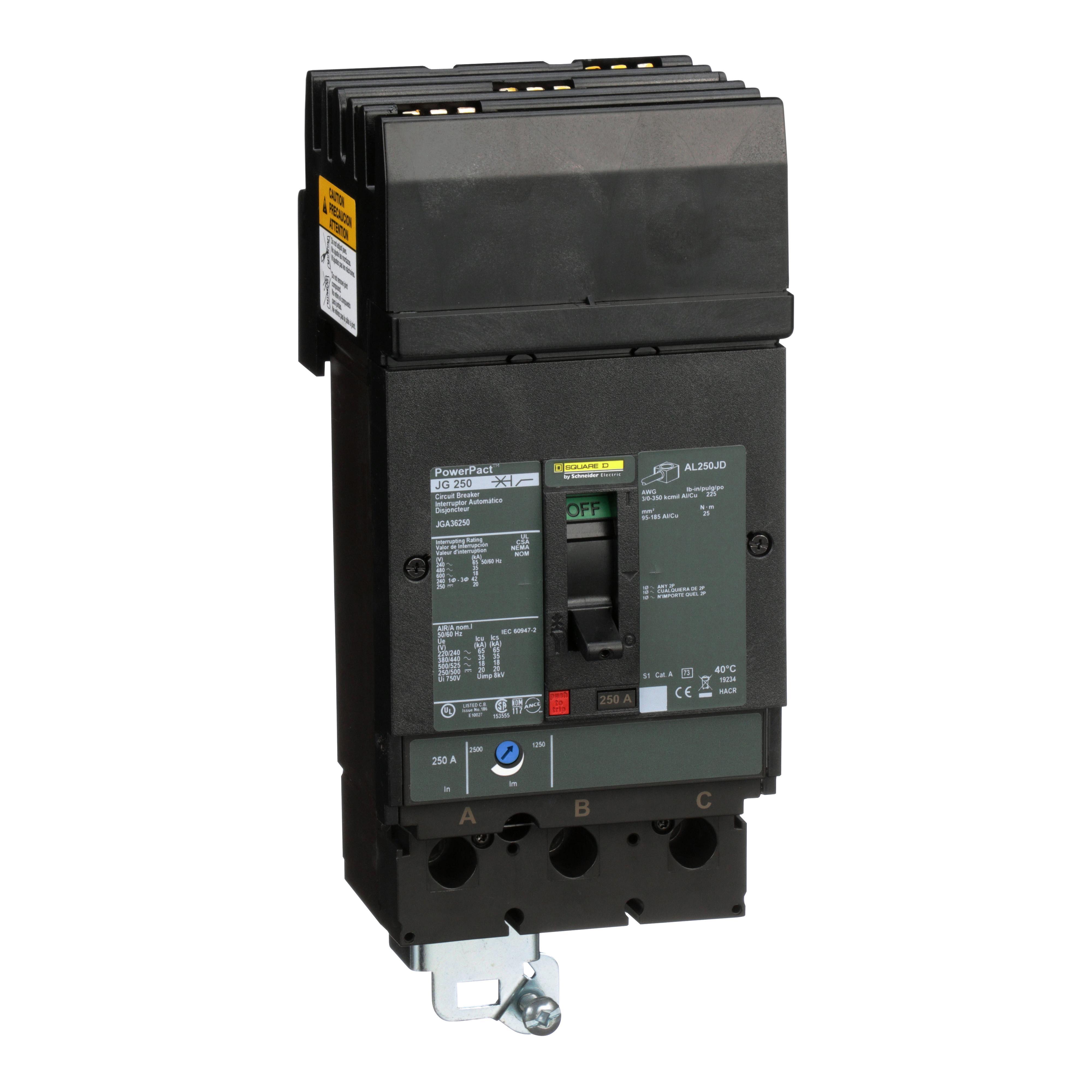 Square D™ PowerPact™ J JGA36250 Molded Case Circuit Breaker, 600 V AC/250 V DC, 250 A, 18/20 kA Interrupt, 3 Poles, Thermal Magnetic Trip