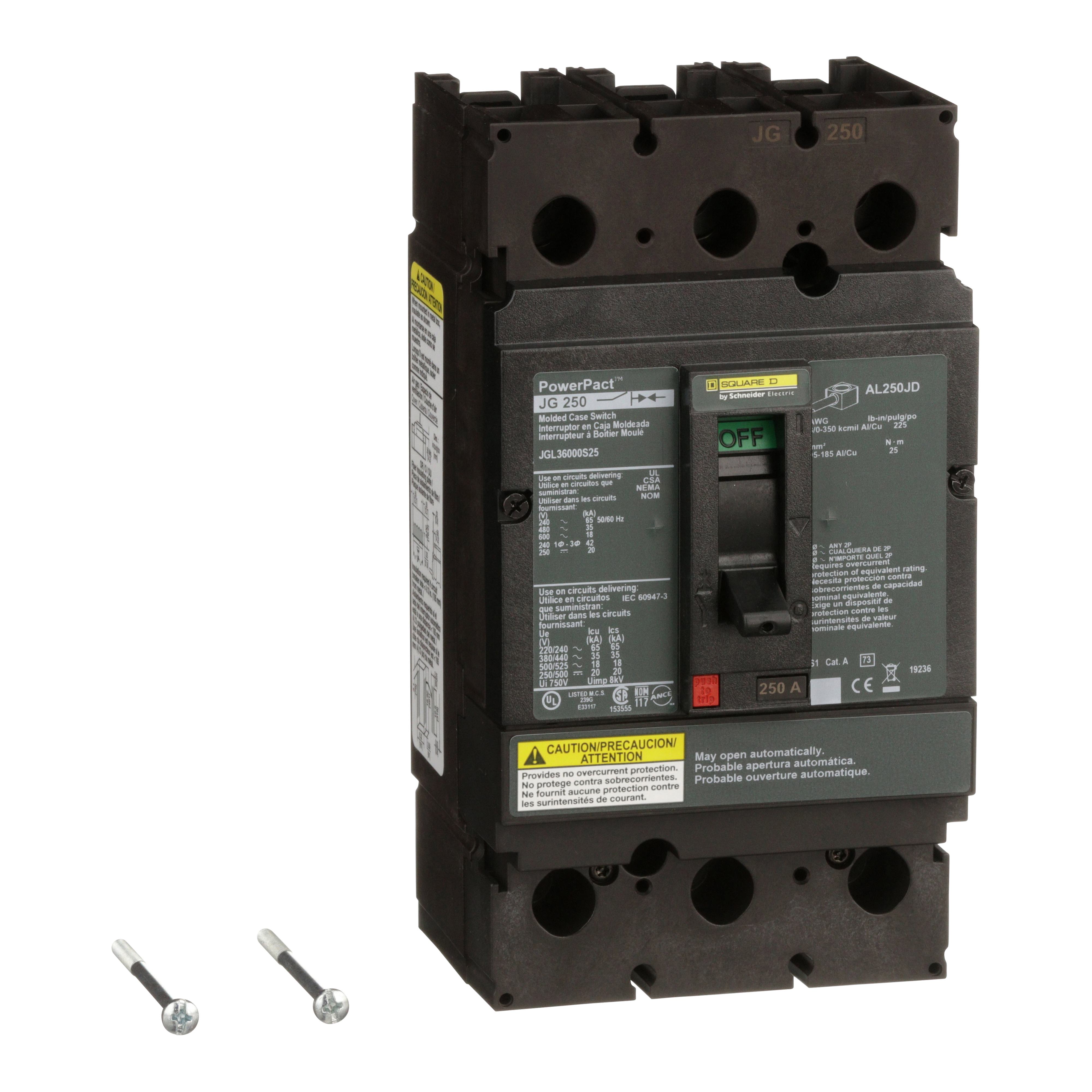 Square D™ PowerPact™ JGL36000S25 Type JGL Automatic Molded Case Circuit Breaker, 600 V AC, 250 A, 18/65 kA Interrupt, 3 Poles, Magnetic Trip