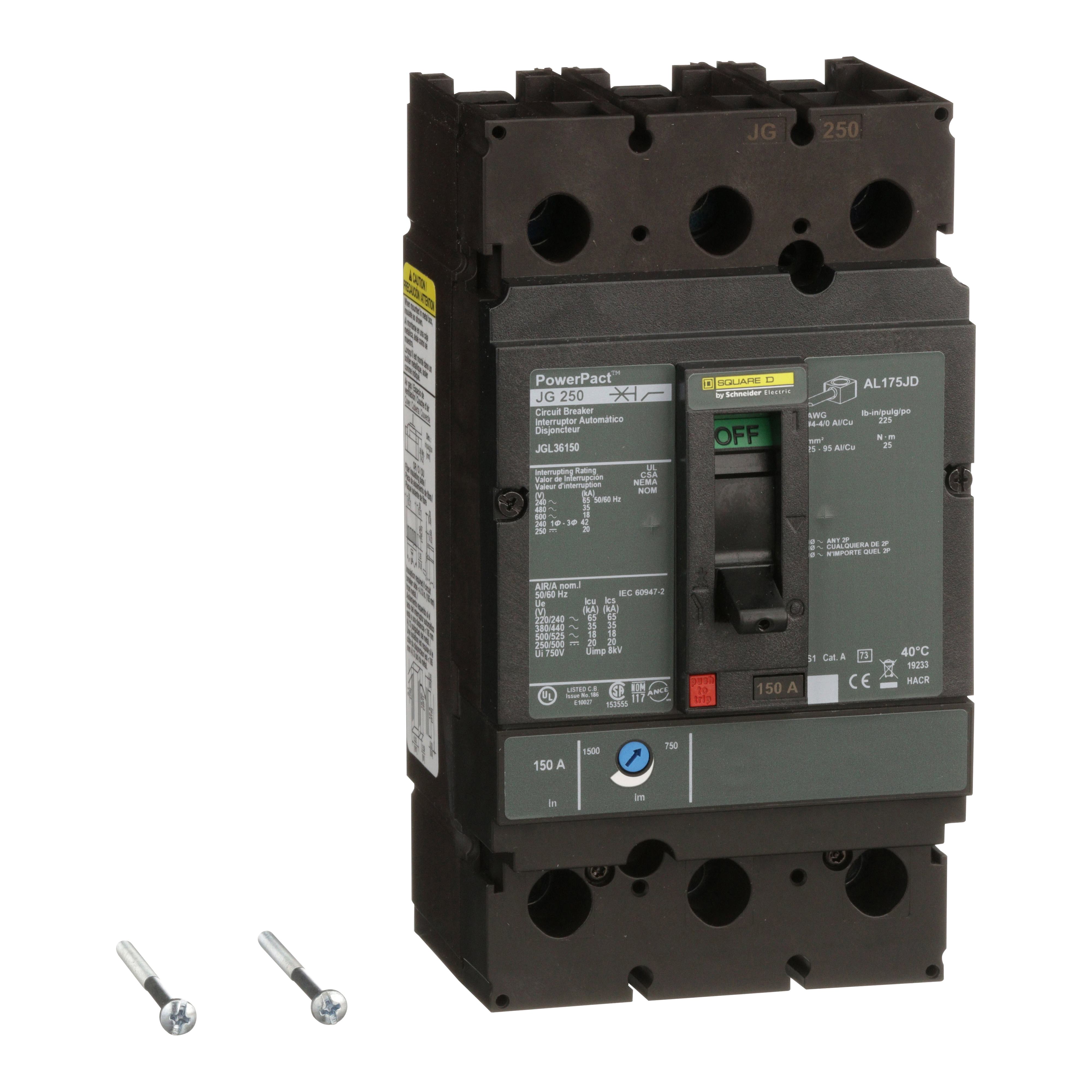 Square D™ PowerPact™ JGL36150 Type JGL Molded Case Circuit Breaker, 600 V AC/250 V DC, 150 A, 65 kA at 240 VAC/35 kA at 480 VAC/18 kA at 600 VAC/20 kA at 250VDC Interrupt, 3 Poles, Thermal Magnetic Trip