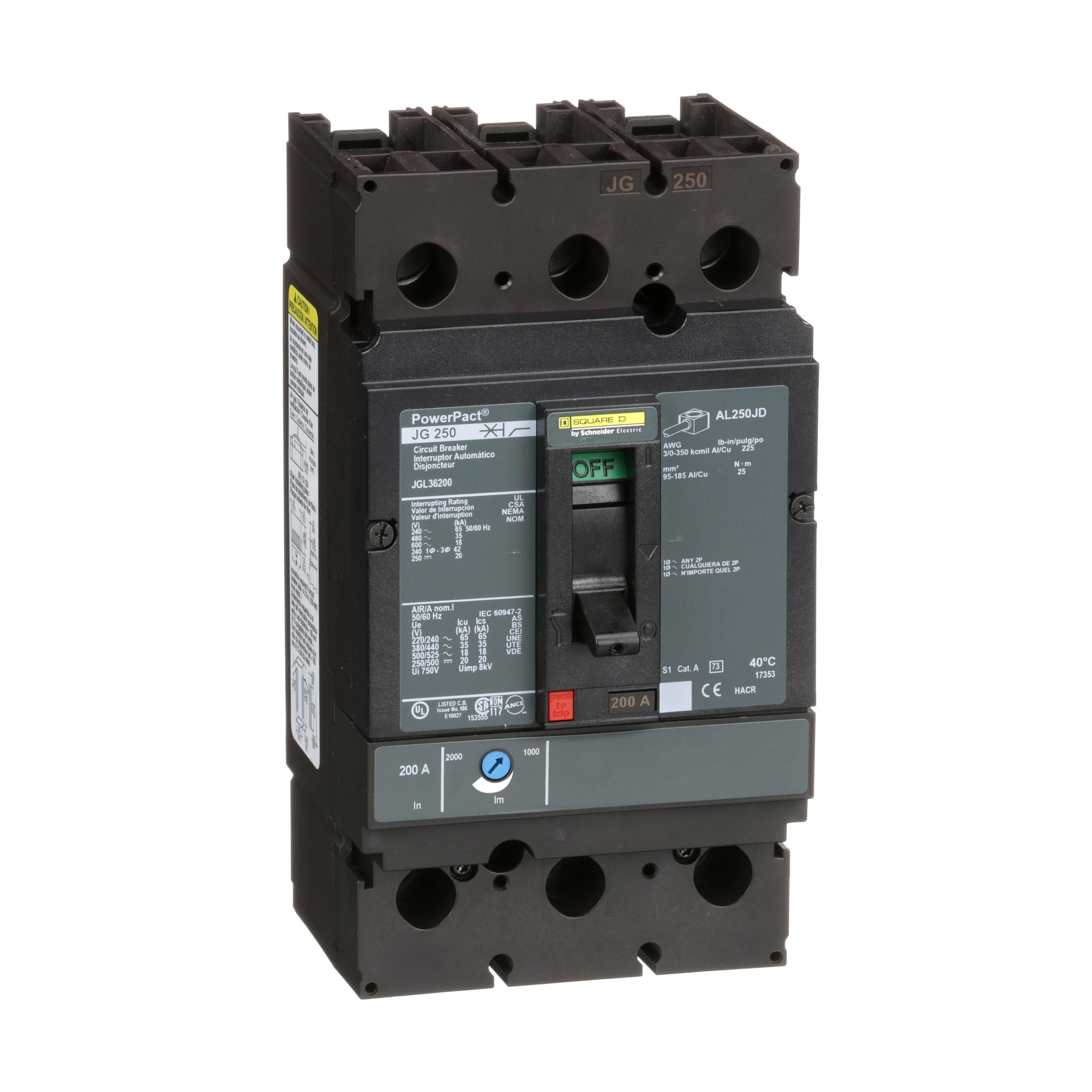 Square D™ PowerPact™ JGL36200 Standard Type JGL Molded Case Circuit Breaker, 600 V AC/250 V DC, 200 A, 65 kA at 240 VAC/35 kA at 480 VAC/18 kA at 600 VAC/20 kA at 250VDC Interrupt, 3 Poles, Thermal Magnetic Trip