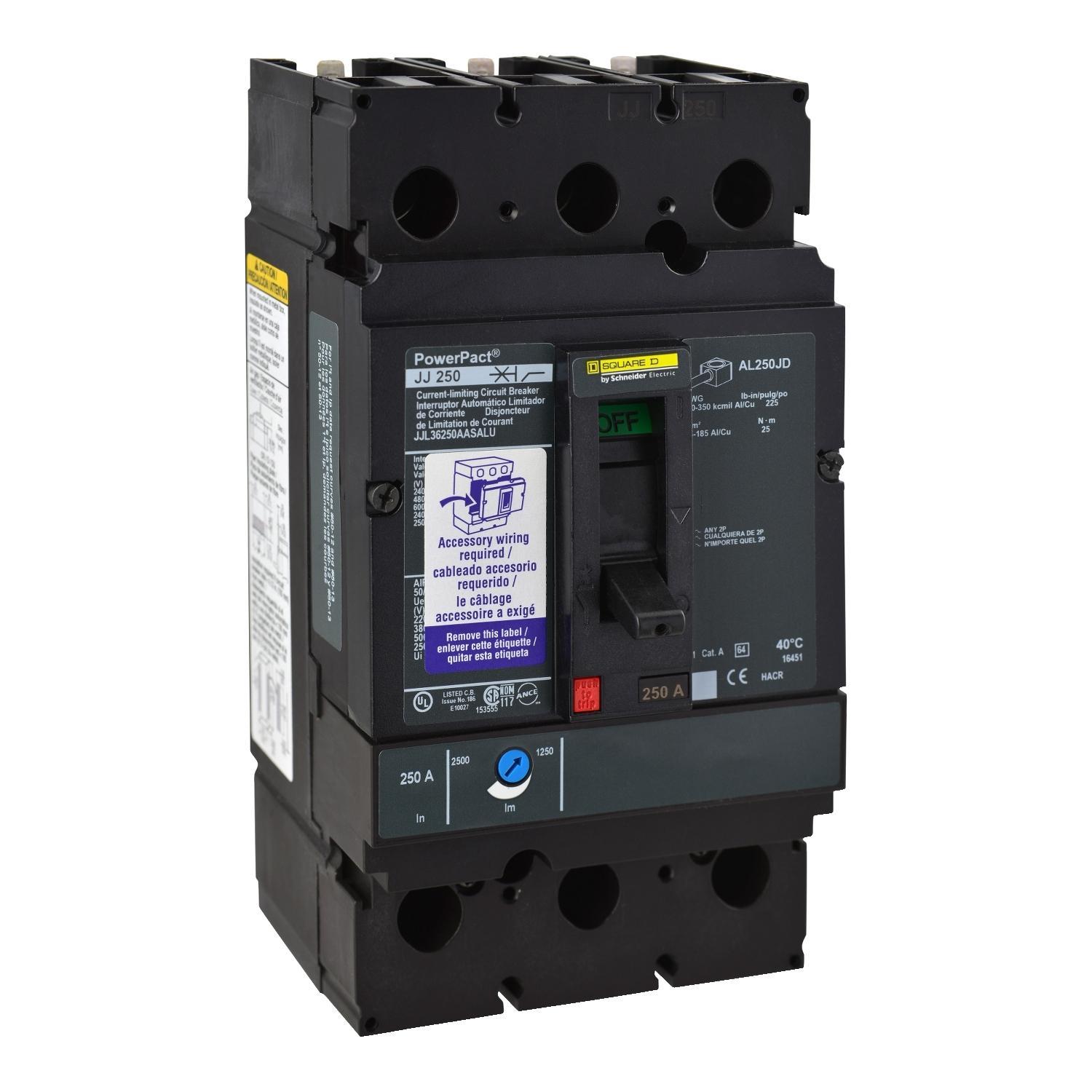 Square D™ PowerPact™ JGL36250U33X 80% Rated J Molded Case Circuit Breaker, 600 V AC, 250 A, 65 kA at 240 V AC/35 kA at 480 V AC/18 kA at 600 V AC/20 kA at 250/500 VDC Interrupt, 3 Poles, Electronic Trip