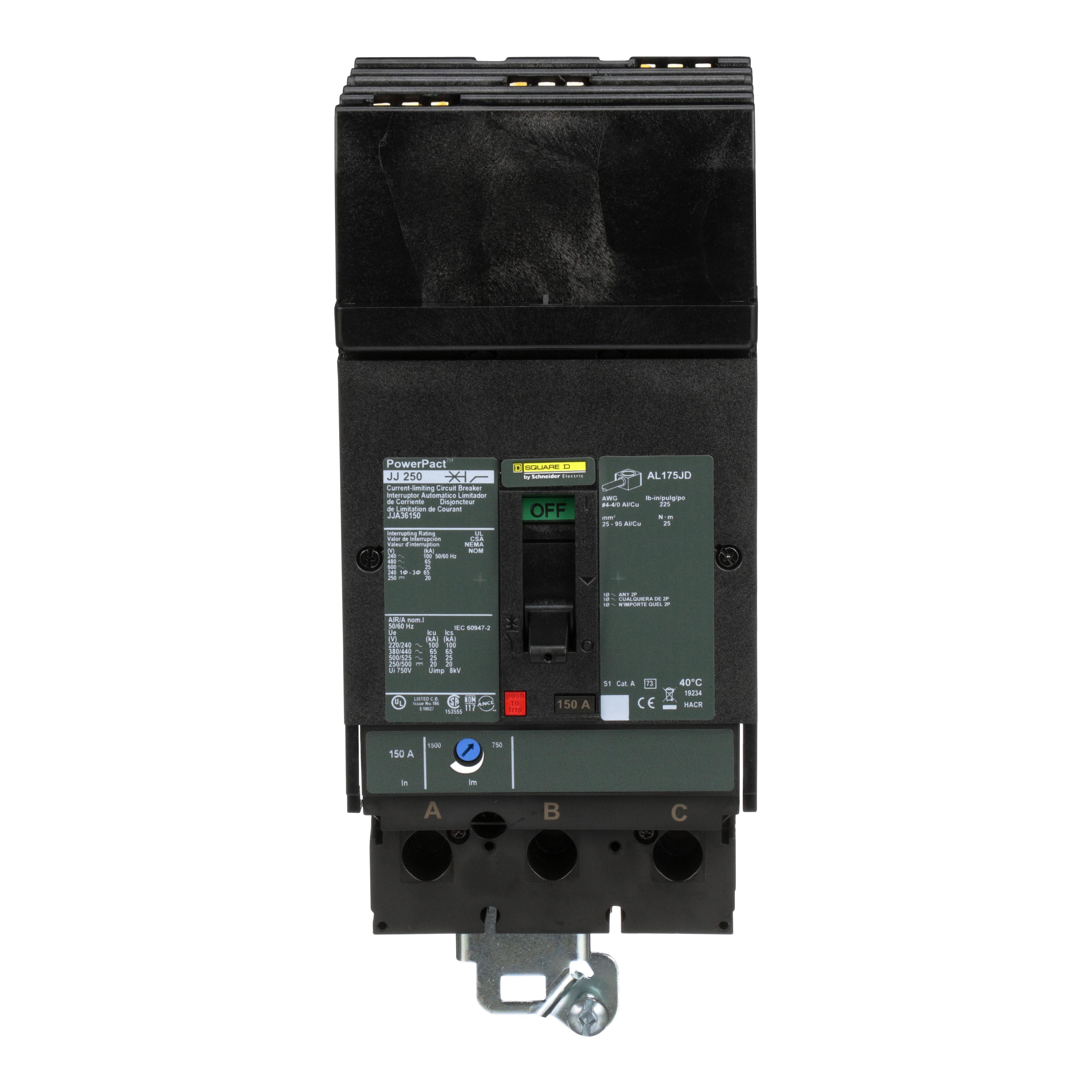 Square D™ JJA36150 JJA Molded Case Circuit Breaker, 600 V AC/250 V DC, 150 A, 20/25 kA Interrupt, 3 Poles, Thermal Magnetic Trip