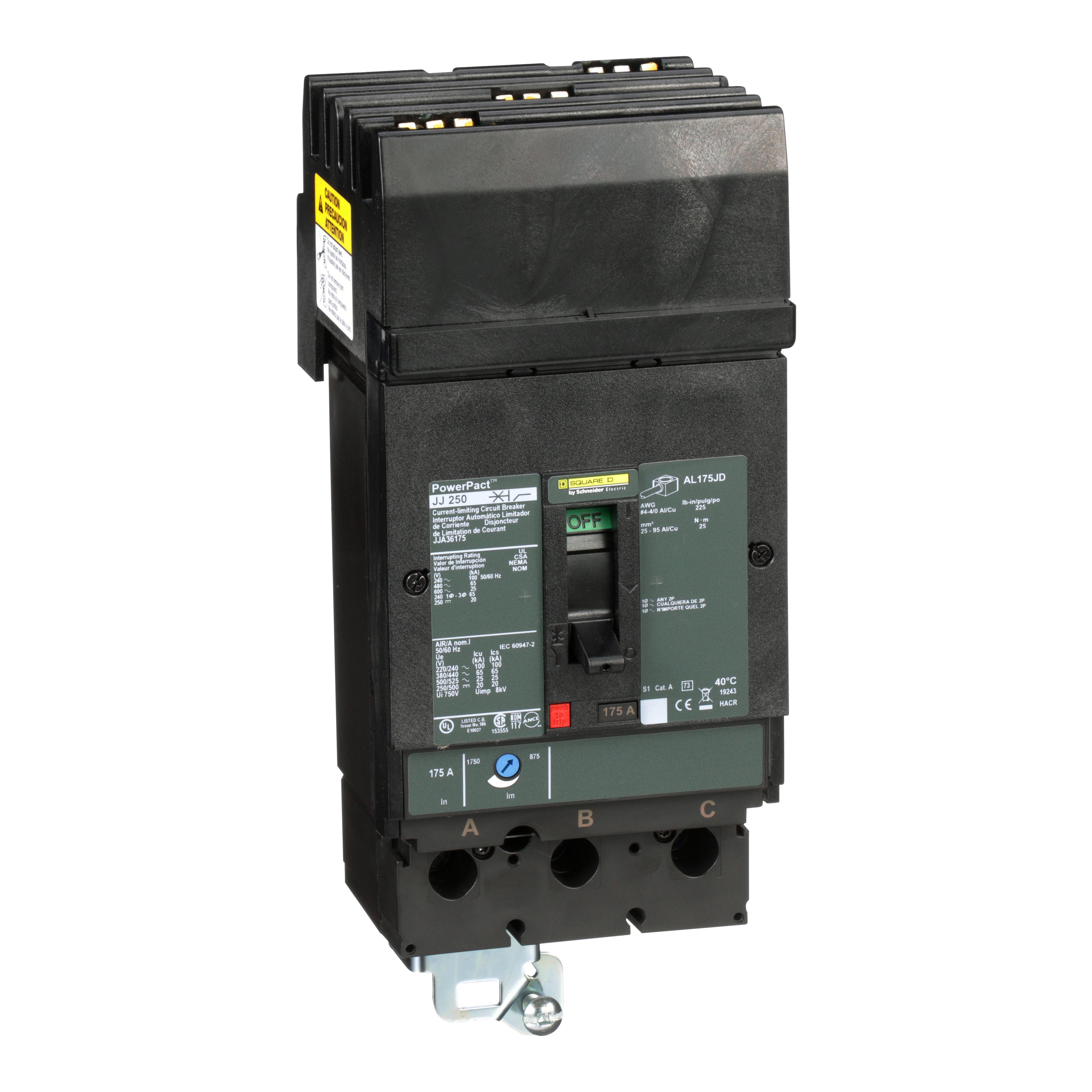 Square D™ PowerPact™ J JJA36175 Molded Case Circuit Breaker, 600 V AC/250 V DC, 175 A, 20/25 kA Interrupt, 3 Poles, Thermal Magnetic Trip