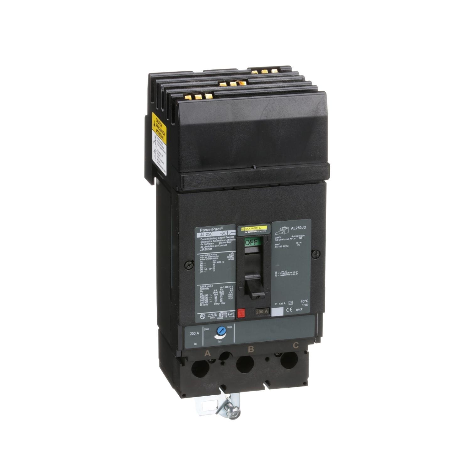 Square D™ PowerPact™ JJA36200 Type JJA Molded Case Circuit Breaker, 600 V AC/250 V DC, 200 A, 25/20 kA Interrupt, 3 Poles, Thermal Magnetic Trip