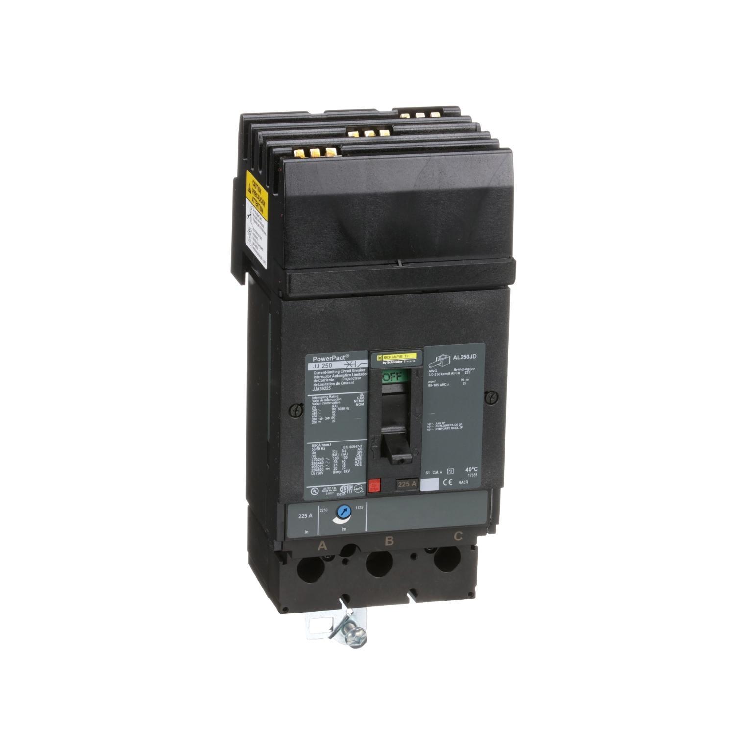 Square D™ PowerPact™ JJA36225 Type JJA Molded Case Circuit Breaker, 600 V AC/250 V DC, 225 A, 25/20 kA Interrupt, 3 Poles, Thermal Magnetic Trip