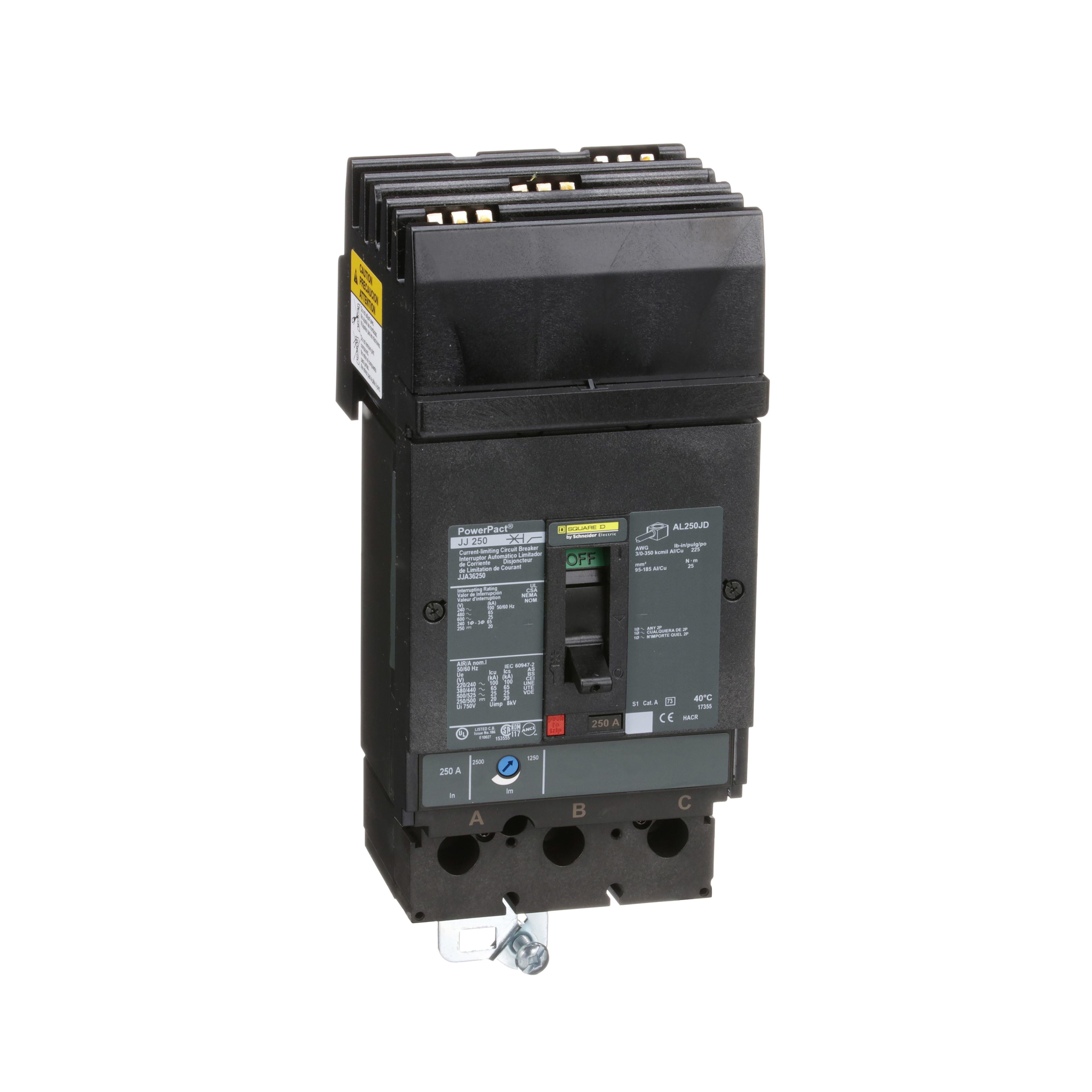 Square D™ PowerPact™ JJA36250 Type JJA Molded Case Circuit Breaker, 600 V AC/250 V DC, 250 A, 20/25 kA Interrupt, 3 Poles, Thermal Magnetic Trip