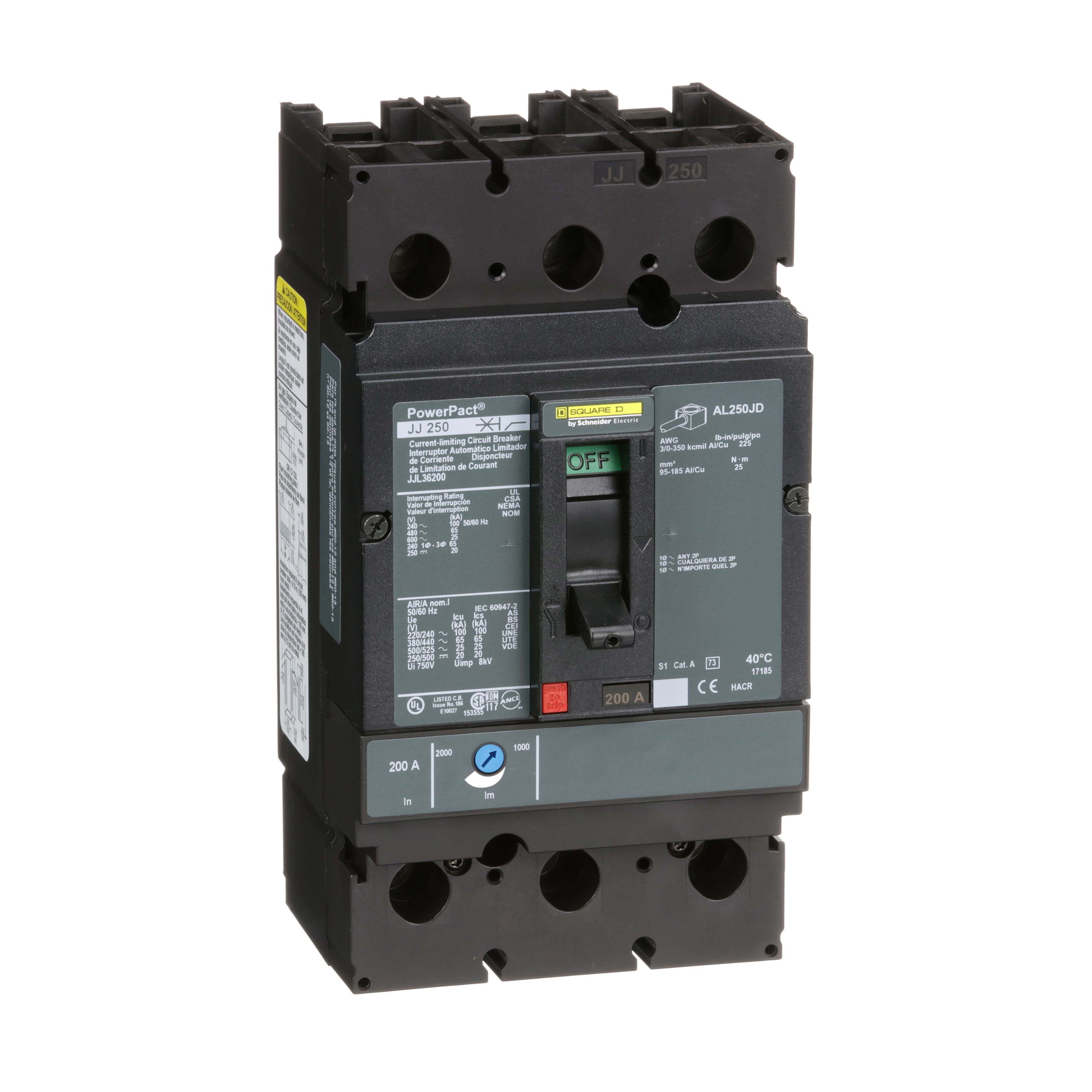 Square D™ PowerPact™ JJL36200 Type JJL Molded Case Circuit Breaker, 600 V AC/250 V DC, 200 A, 100 kA at 240 VAC/65 kA at 480 VAC/25 kA at 600 VAC/20 kA at 250VDC Interrupt, 3 Poles, Thermal Magnetic Trip