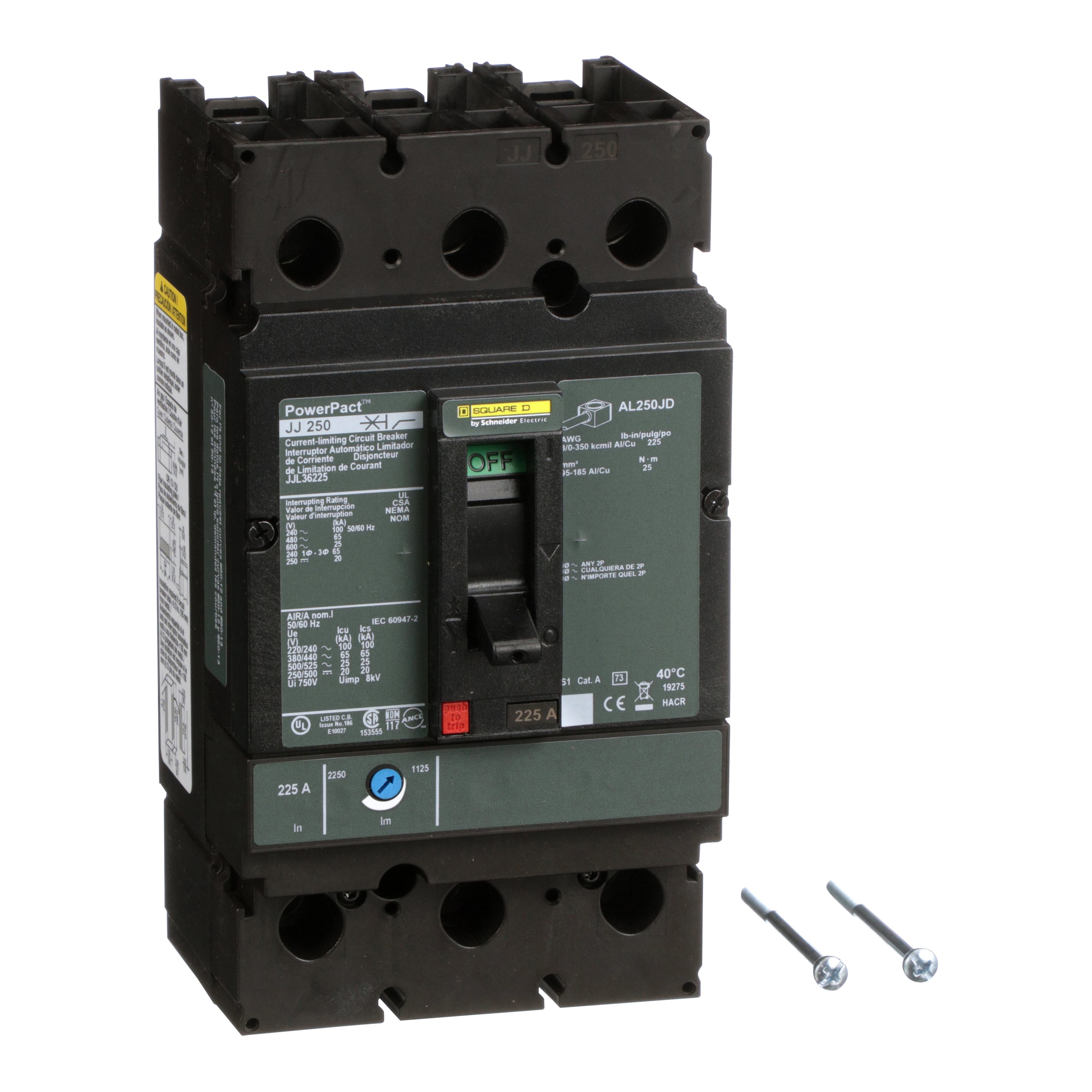 Square D™ PowerPact™ JJL36225 Type JJL Molded Case Circuit Breaker, 600 V AC/250 V DC, 225 A, 100 kA at 240 VAC/65 kA at 480 VAC/25 kA at 600 VAC/20 kA at 250VDC Interrupt, 3 Poles, Thermal Magnetic Trip