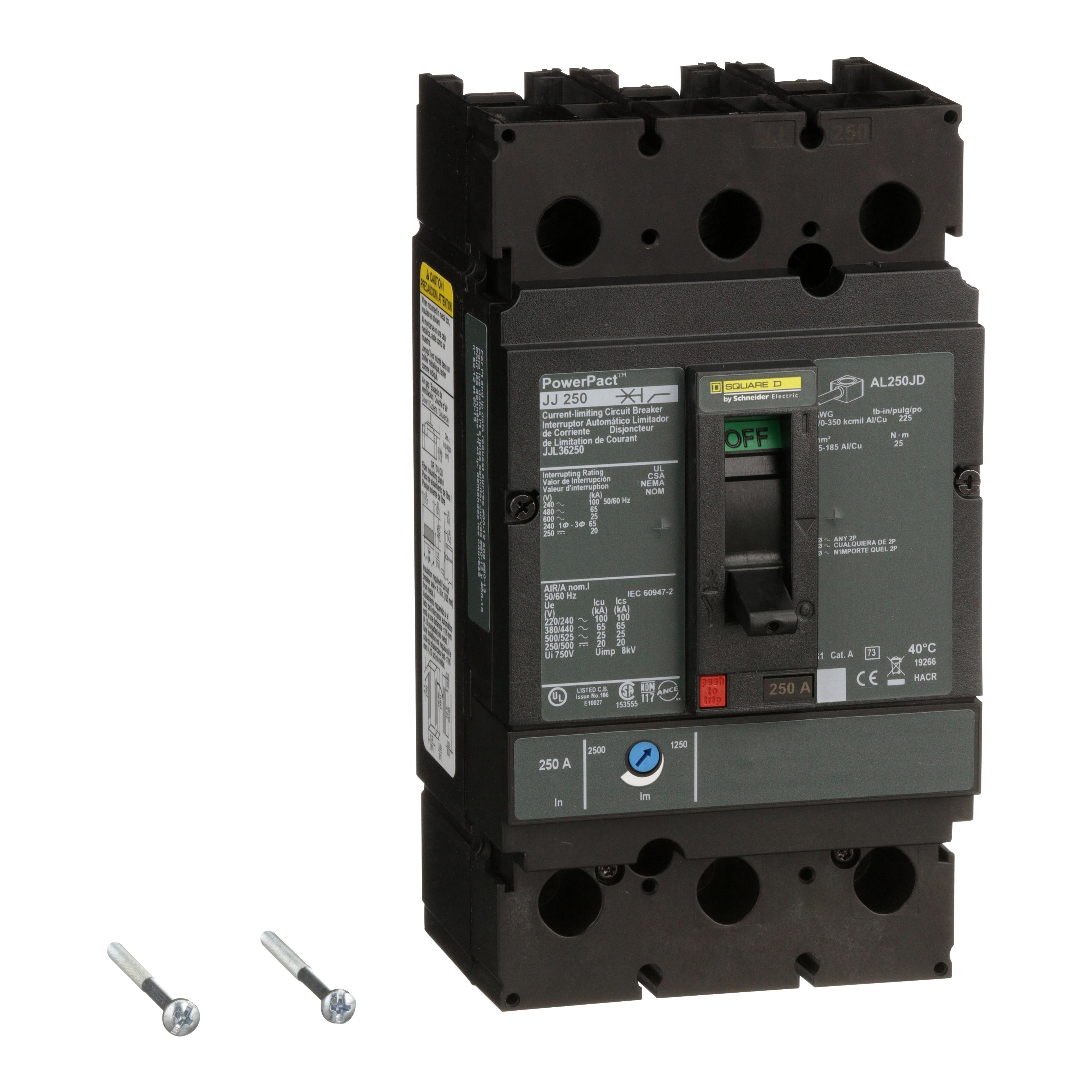 Square D™ PowerPact™ JJL36250 Type JJL Molded Case Circuit Breaker, 600 V AC/250 V DC, 250 A, 100 kA at 240 VAC/65 kA at 480 VAC/25 kA at 600 VAC/20 kA at 250VDC Interrupt, 3 Poles, Thermal Magnetic Trip