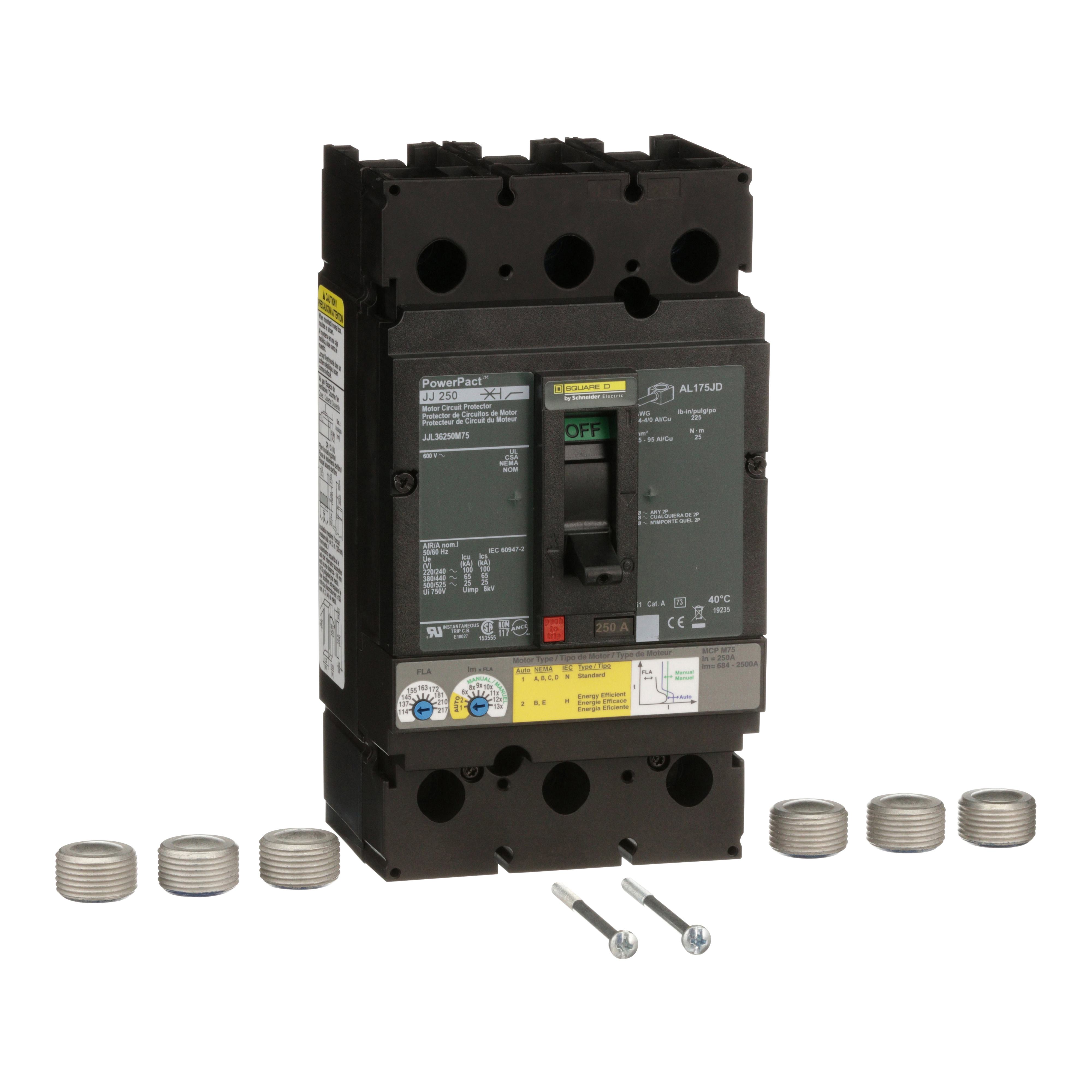 Square D™ PowerPact™ JJL36250M75 Type JJL Molded Case Circuit Breaker, 600 V AC, 250 A, 25 kA Interrupt, 3 Poles, Magnetic Trip