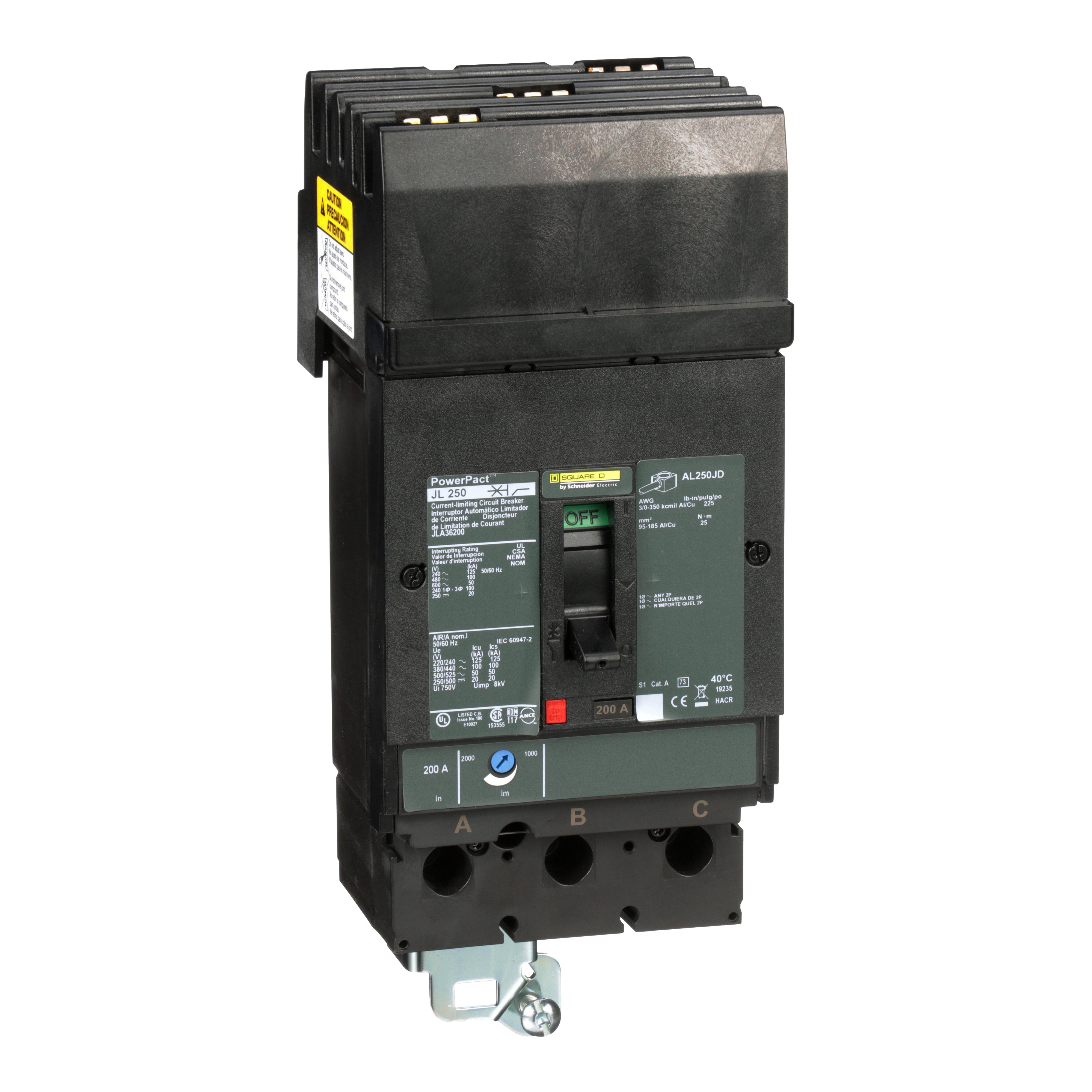 Square D™ I-Line™ PowerPact™ J JLA36200 Type JLA Molded Case Circuit Breaker, 600 V AC/500 V DC, 200 A, 125 kA at 240 VAC/100 kA at 480 VAC/50 kA at 600 VAC/20 kA at 250 VDC/50 kA at 500 VDC Interrupt, 3 Poles, Thermal Magnetic Trip