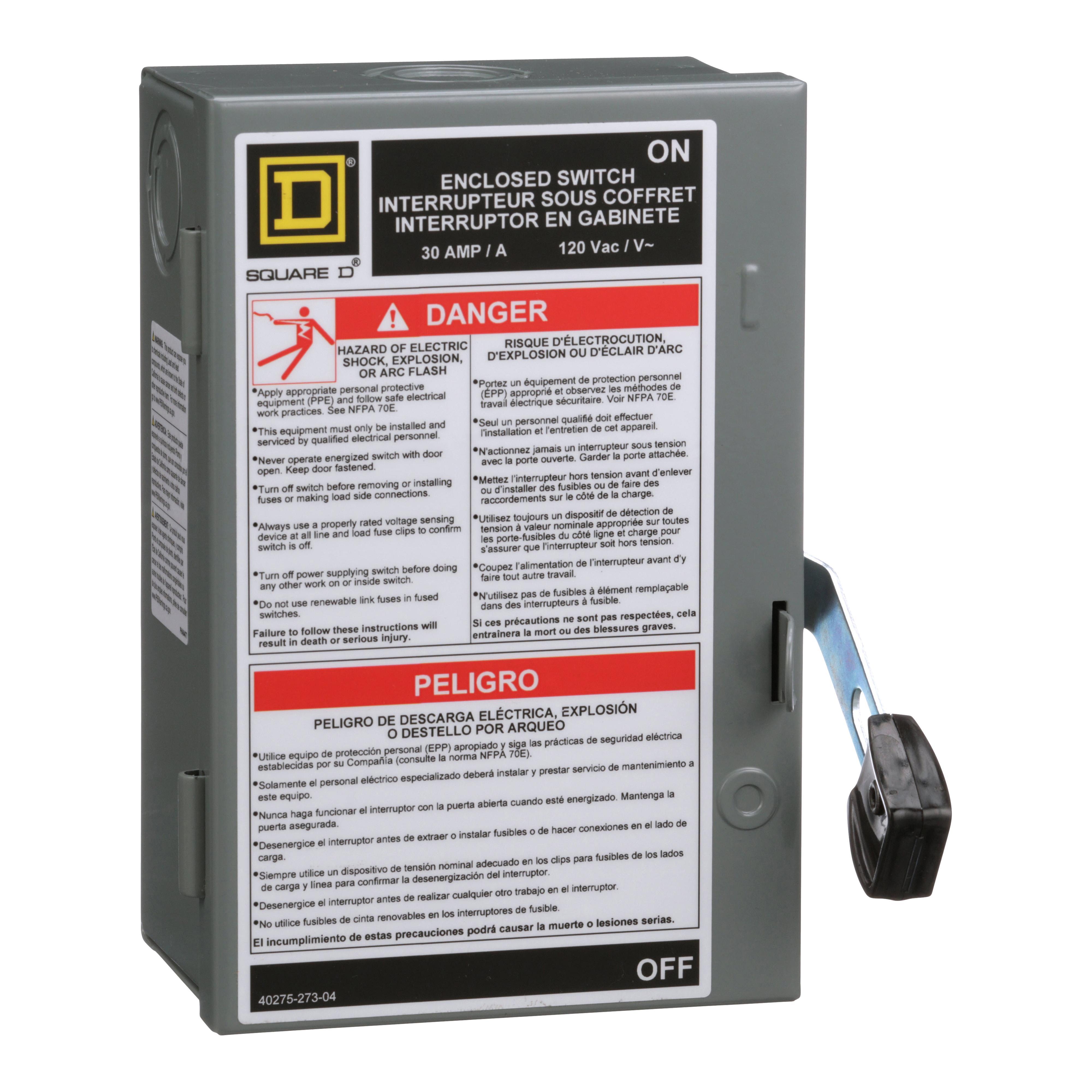 Square D™ L111N Fusible Light Duty Safety Switch, 120 V AC, 30 A, 1/2 hp, 2 hp, SPST Contact, 1 Poles