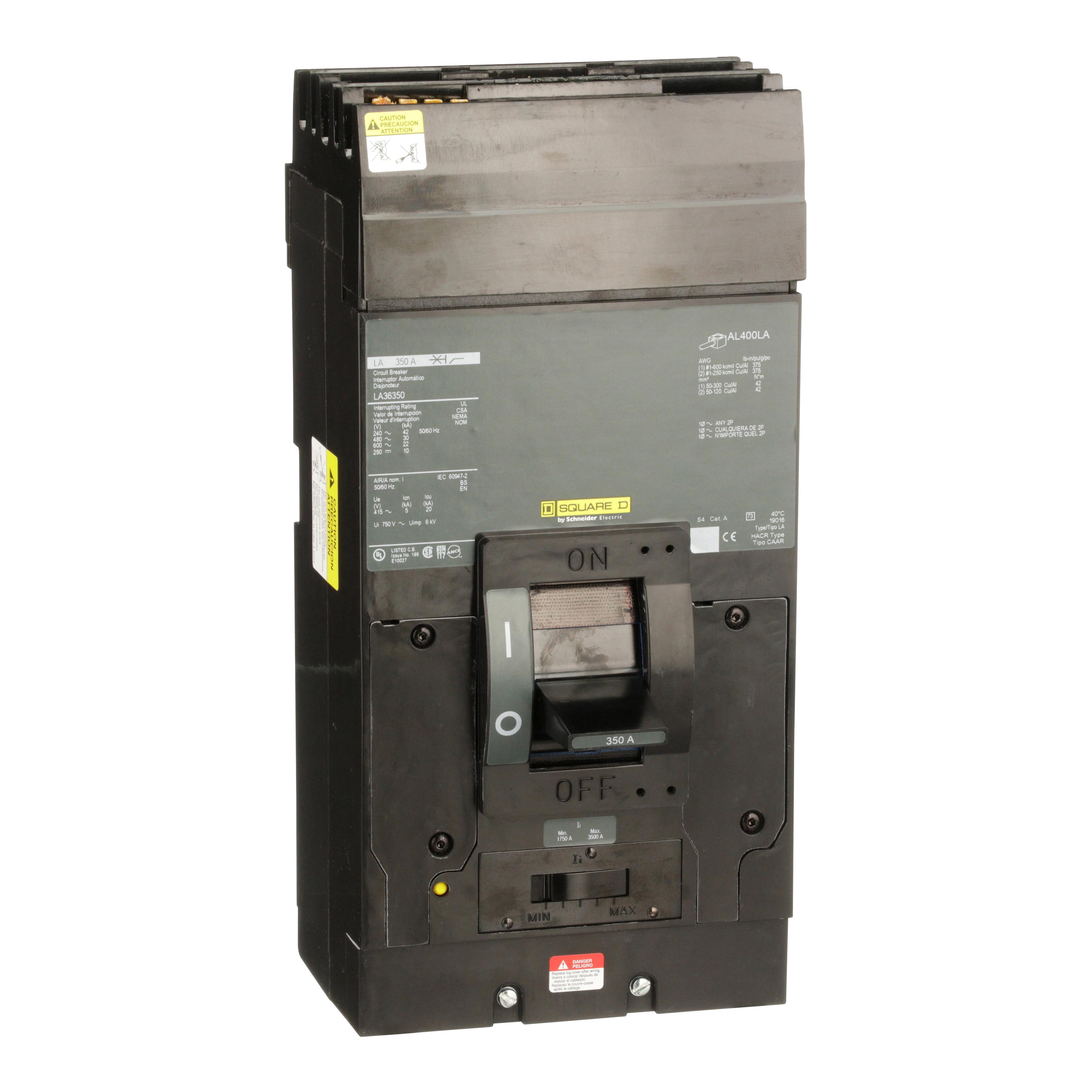 Square D™ LA36350 Type LA Standard Molded Case Circuit Breaker, 600 V AC/250 V DC, 350 A, 25 kA Interrupt, 3 Poles, Thermal Magnetic Trip