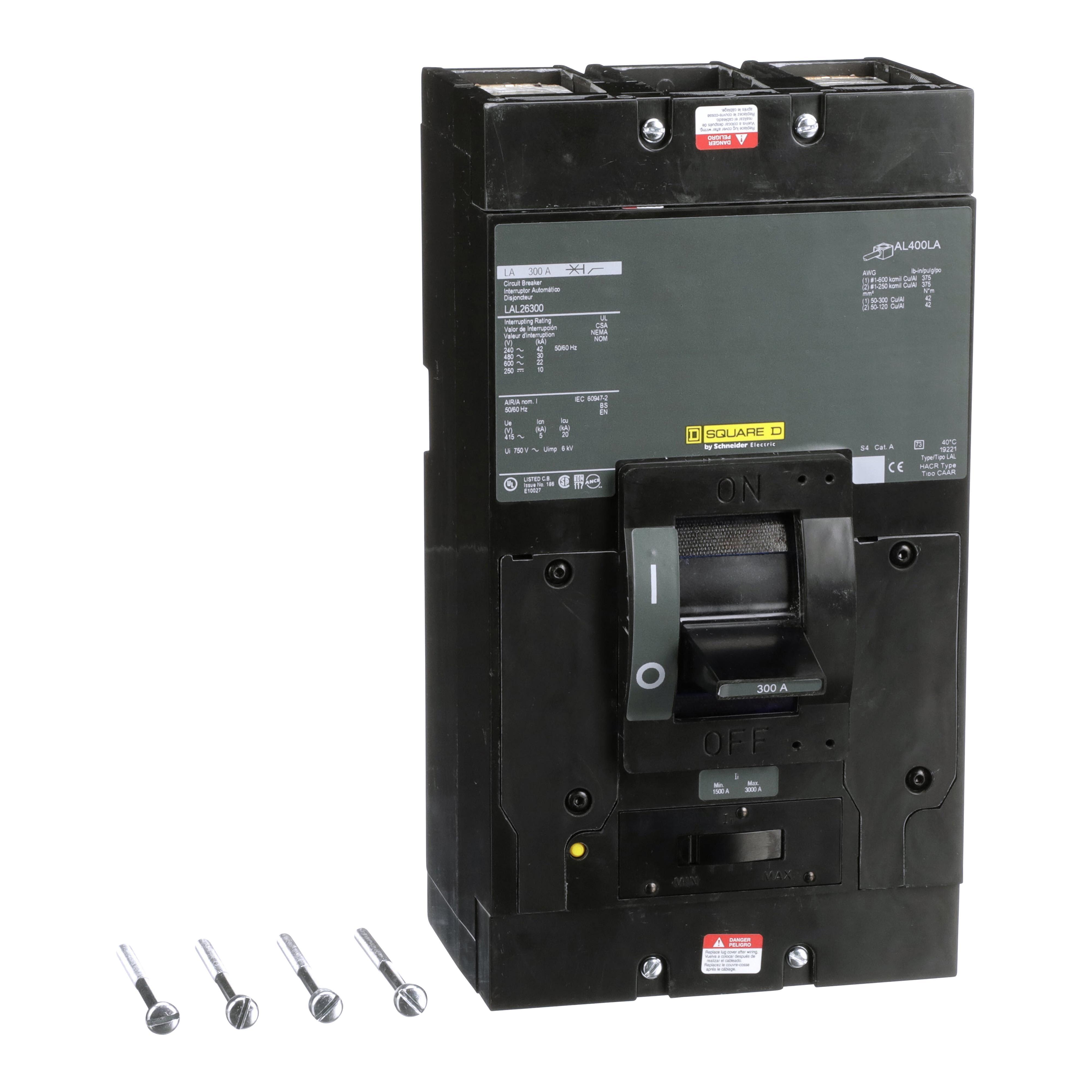 Square D™ I-Line™ PowerPact™ LAL26300 Standard Molded Case Circuit Breaker, 600 V AC/250 V DC, 300 A, 250 VDC/600 VAC/42 kA at 240 VAC/30 kA at 480 VAC/22 kA at 600 VAC/10 kA at 125 VDC/10 kA at 250 VDC Interrupt, 2 Poles, Thermal Magnetic Trip