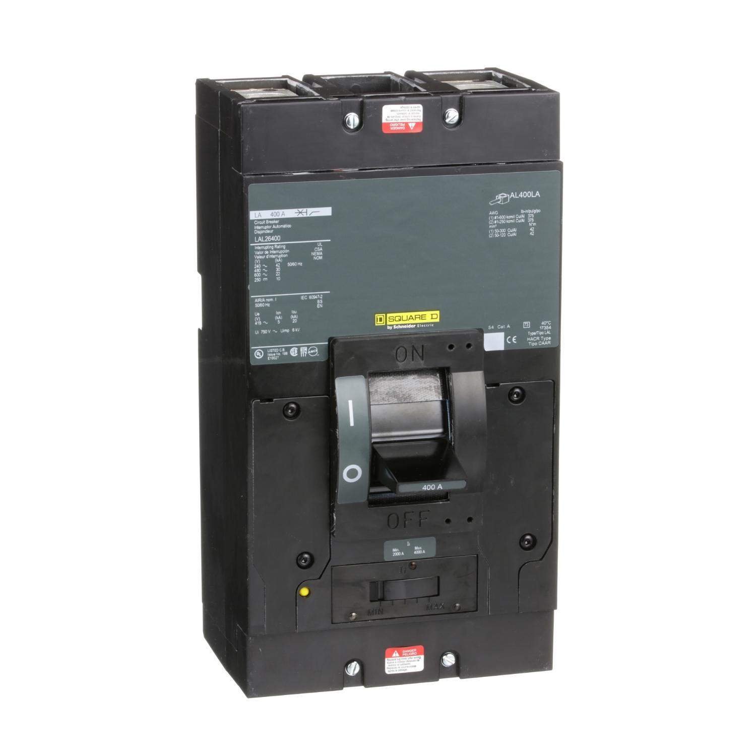 Square D™ LAL26400 Standard Type LAL Molded Case Circuit Breaker, 600 V AC/250 V DC, 400 A, 250 VDC/600 VAC/42 kA at 240 VAC/30 kA at 480 VAC/22 kA at 600 VAC/10 kA at 125 VDC/10 kA at 250 VDC Interrupt, 2 Poles, Thermal Magnetic Trip