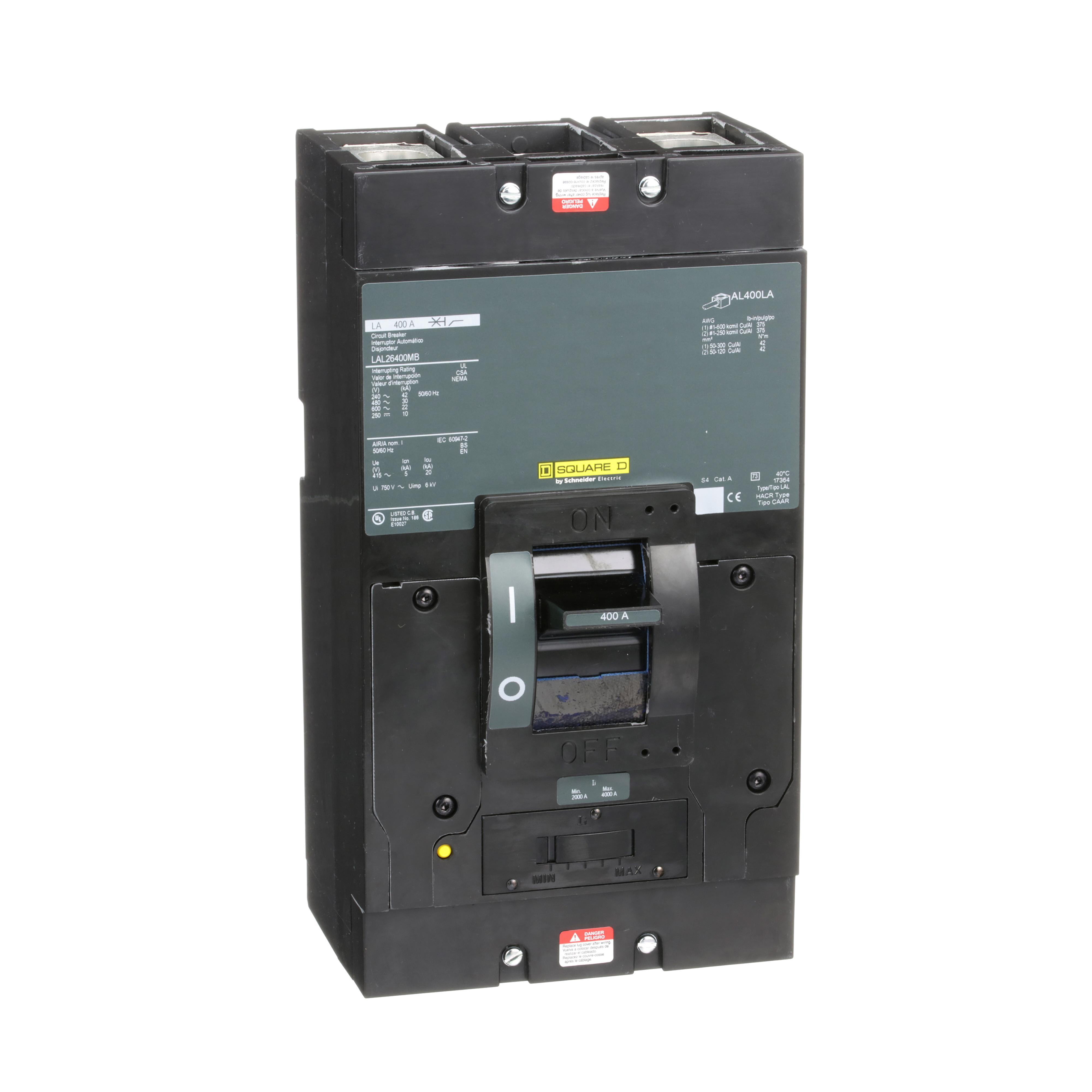 Square D™ I-Line™ PowerPact™ LAL26400MB Type LAL Molded Case Circuit Breaker, 600 V AC/250 V DC, 400 A, 250 VDC/600 VAC/42 kA at 240 VAC/30 kA at 480 VAC/22 kA at 600 VAC/10 kA at 125 VDC/10 kA at 250 VDC Interrupt, 2 Poles, Thermal Magnetic Trip