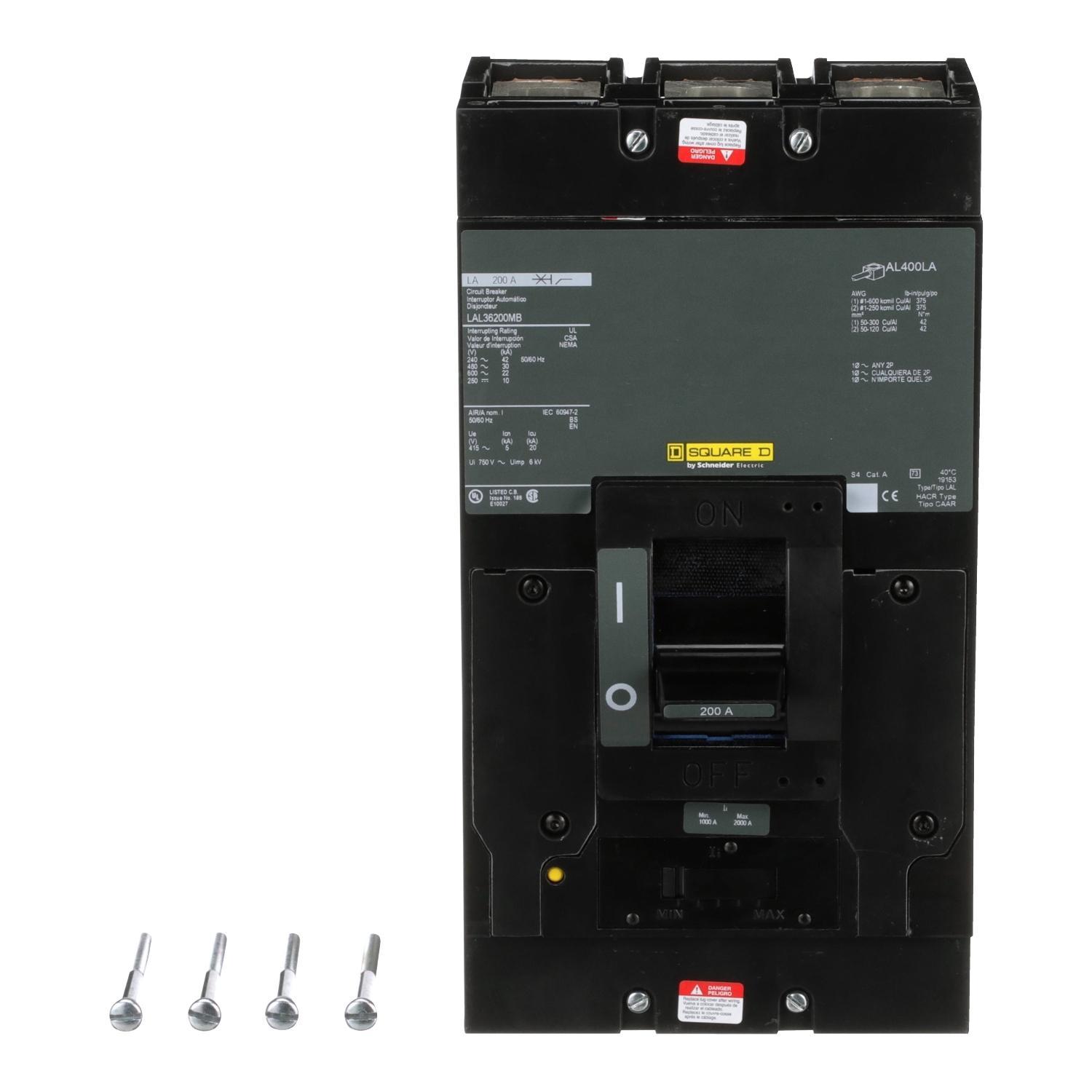 Square D™ PowerPact™ LAL36200MB Adjustable Standard Interrupt Molded Case Circuit Breaker, 600 VAC, 250 VDC, 200 A, 10/22/30/42 kA Interrupt, 3 Poles, Thermal Magnetic Trip