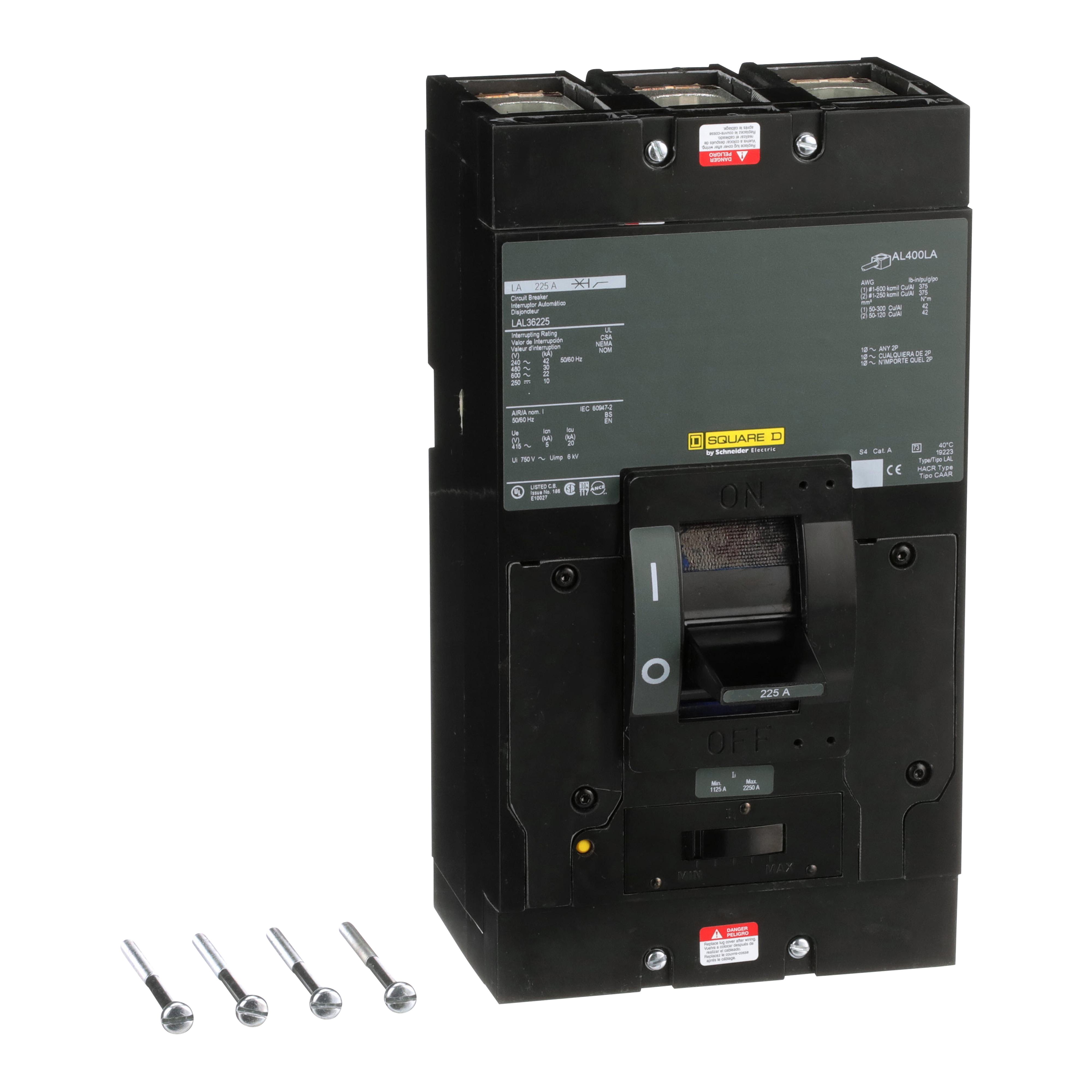 Square D™ I-Line™ PowerPact™ LAL36225 Type LAL Molded Case Circuit Breaker, 600 V AC/250 V DC, 225 A, 250 VDC/600 VAC/42 kA at 240 VAC/30 kA at 480 VAC/22 kA at 600 VAC/10 kA at 125 VDC/10 kA at 250 VDC Interrupt, 3 Poles, Thermal Magnetic Trip