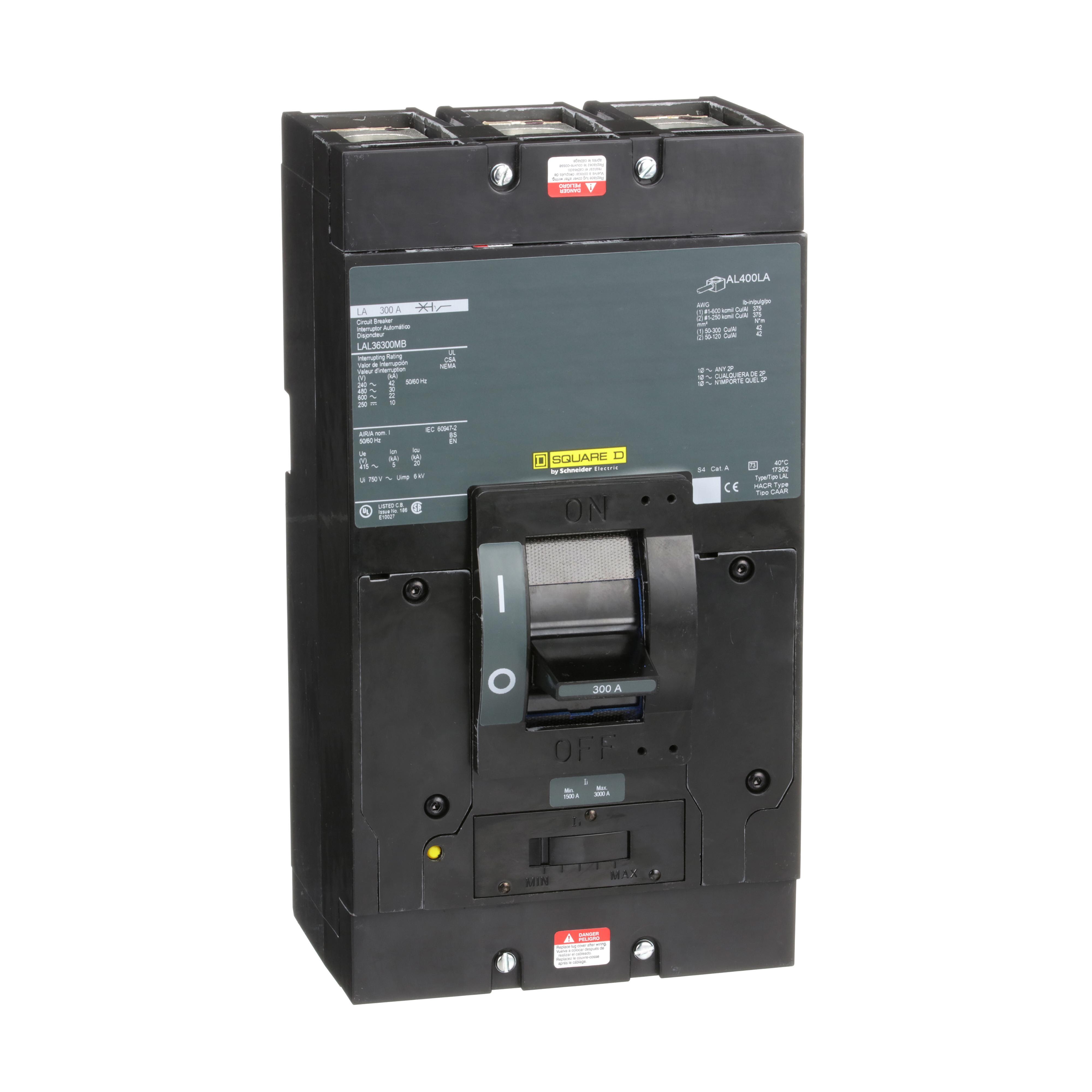 Square D™ I-Line™ PowerPact™ LAL36300MB Type LAL Molded Case Circuit Breaker, 600 V AC/250 V DC, 300 A, 250 VDC/600 VAC/42 kA at 240 VAC/30 kA at 480 VAC/22 kA at 600 VAC/10 kA at 125 VDC/10 kA at 250 VDC Interrupt, 3 Poles, Thermal Magnetic Trip
