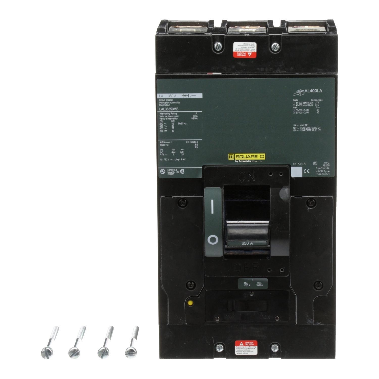 Square D™ I-Line™ PowerPact™ LAL36350MB Type LAL Molded Case Circuit Breaker, 600 V AC/250 V DC, 350 A, 10/22/30/42 kA Interrupt, 3 Poles, Thermal Magnetic Trip