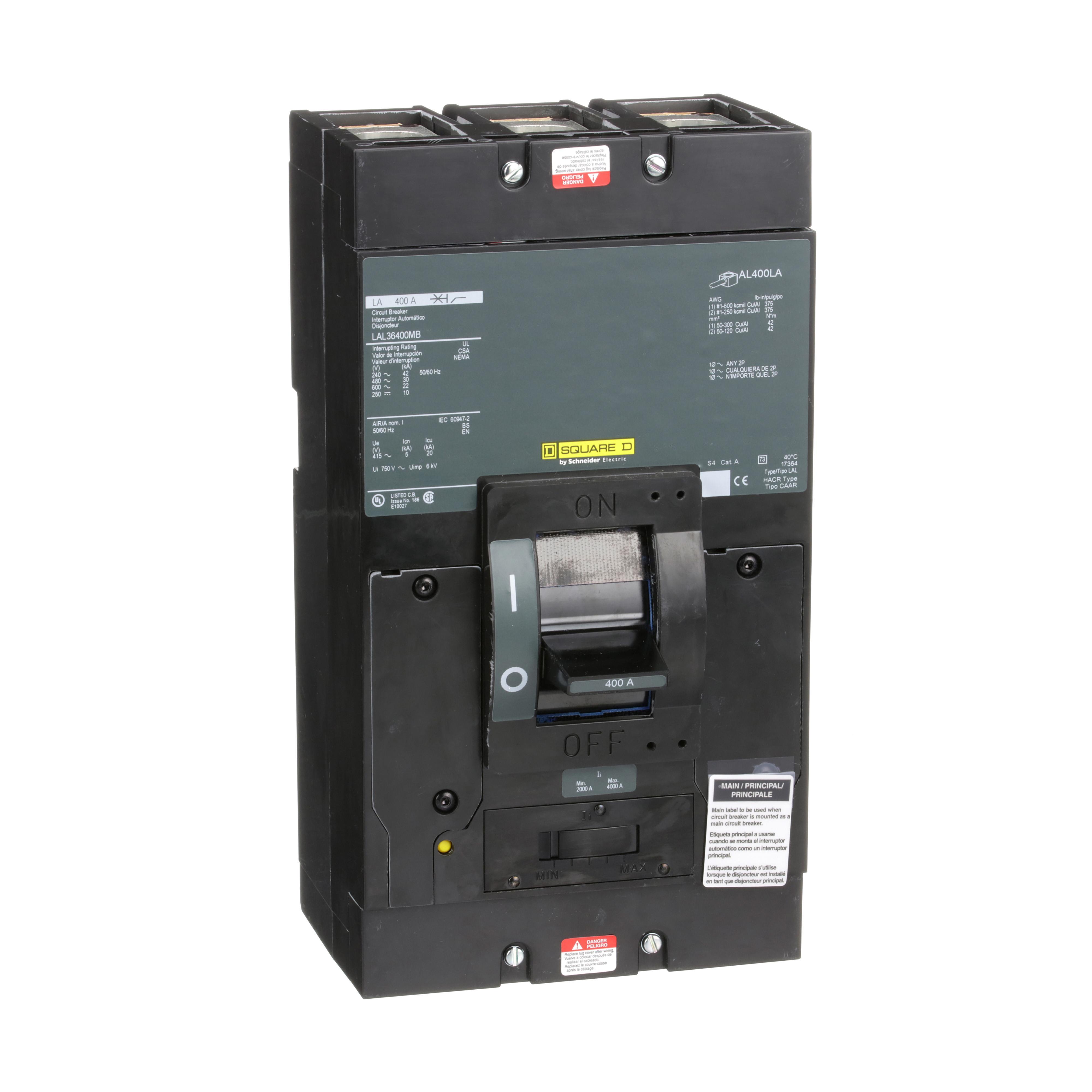 Square D™ PowerPact™ LAL36400MB Automatic Standard Type LAL Molded Case Circuit Breaker, 600 V AC/250 V DC, 400 A, 250 VDC/600 VAC/42 kA at 240 VAC/30 kA at 480 VAC/22 kA at 600 VAC/10 kA at 125 VDC/10 kA at 250 VDC Interrupt, 3 Poles, Thermal Magnetic Trip