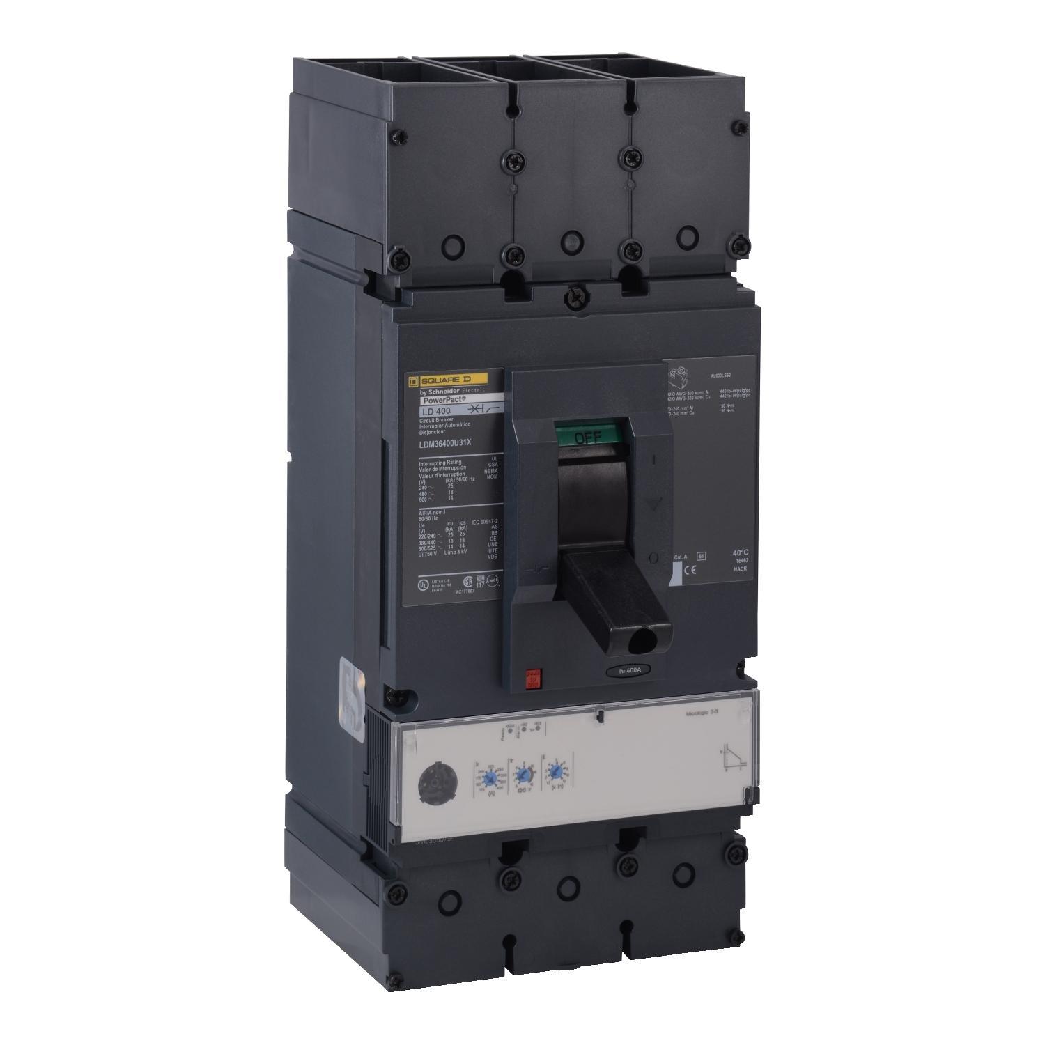 Schneider Electric PowerPact™ L LJM36400U31X Standard Molded Case Circuit Breaker, 600 VAC, 400 A, 100 kA at 240 VAC/65 kA at 480 VAC/25 kA at 600 VAC Interrupt, 3 Poles, Electronic Trip