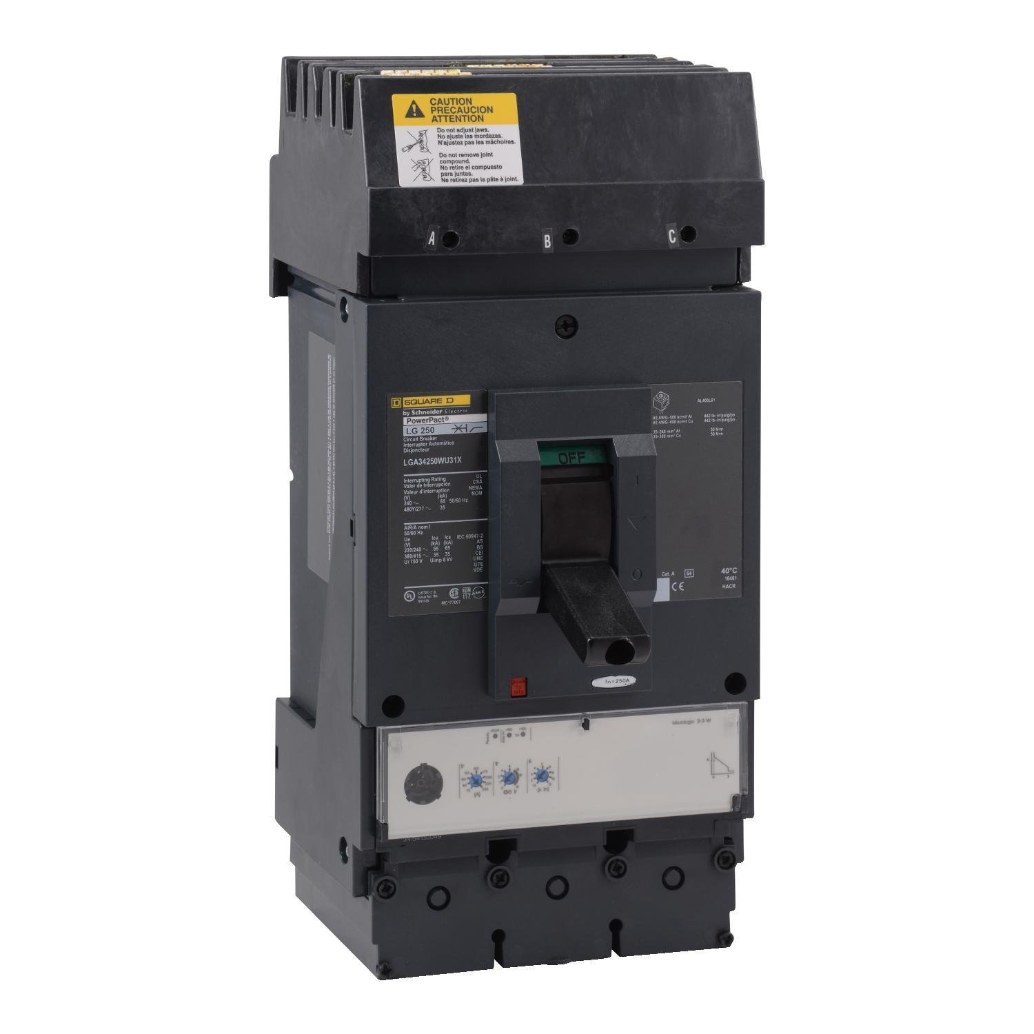Square D™ I-Line™ PowerPact™ LGA36250U31X Standard L Molded Case Circuit Breaker, 600 V AC, 250 A, 65 kA at 240 V AC/35 kA at 480 V AC/18 kA at 600 V AC Interrupt, 3 Poles, Electronic Trip