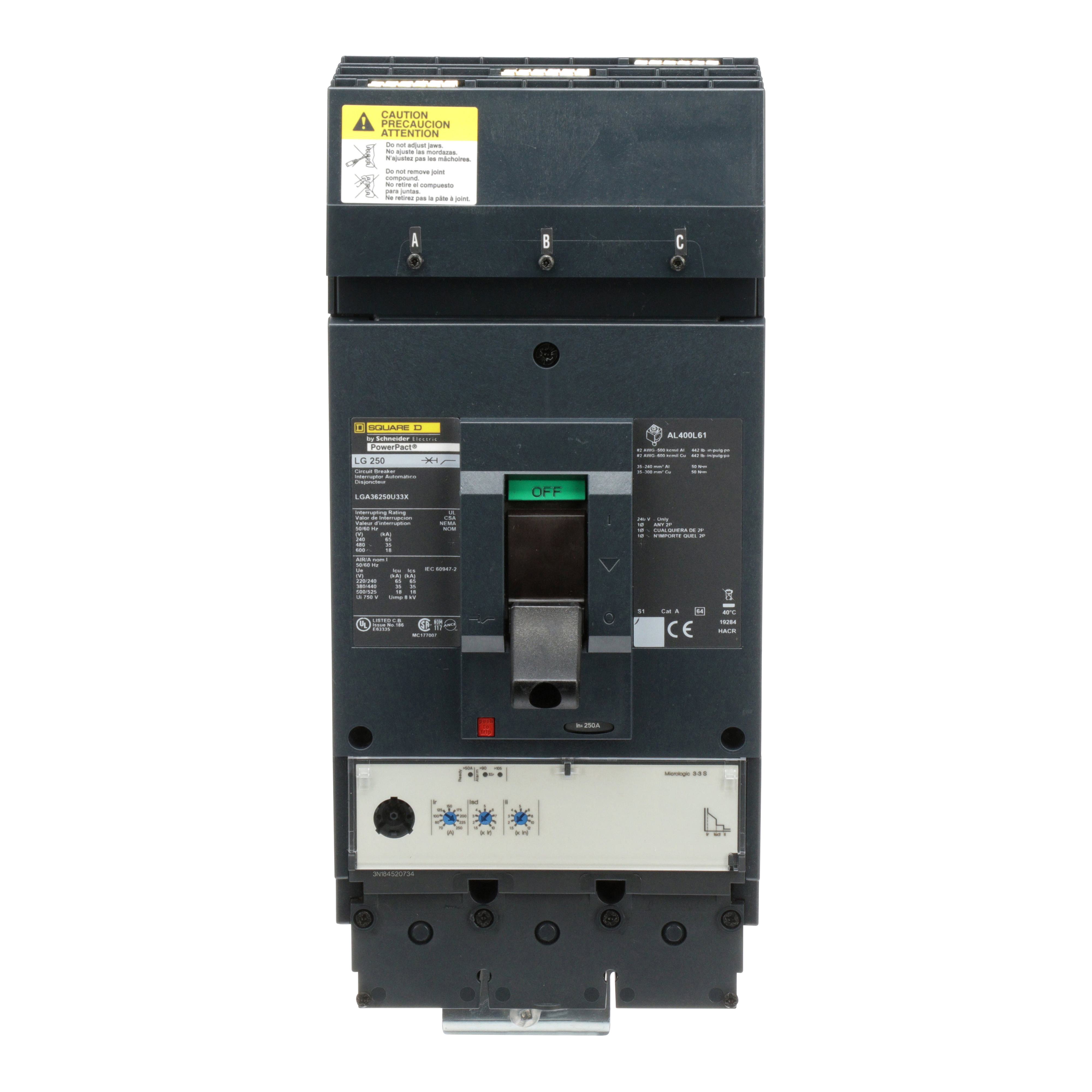 Square D™ PowerPact™ LGA36250CU33X Molded Case Circuit Breaker, 600 V AC, 250 A, 18 kA Interrupt, 3 Poles, Electronic Trip