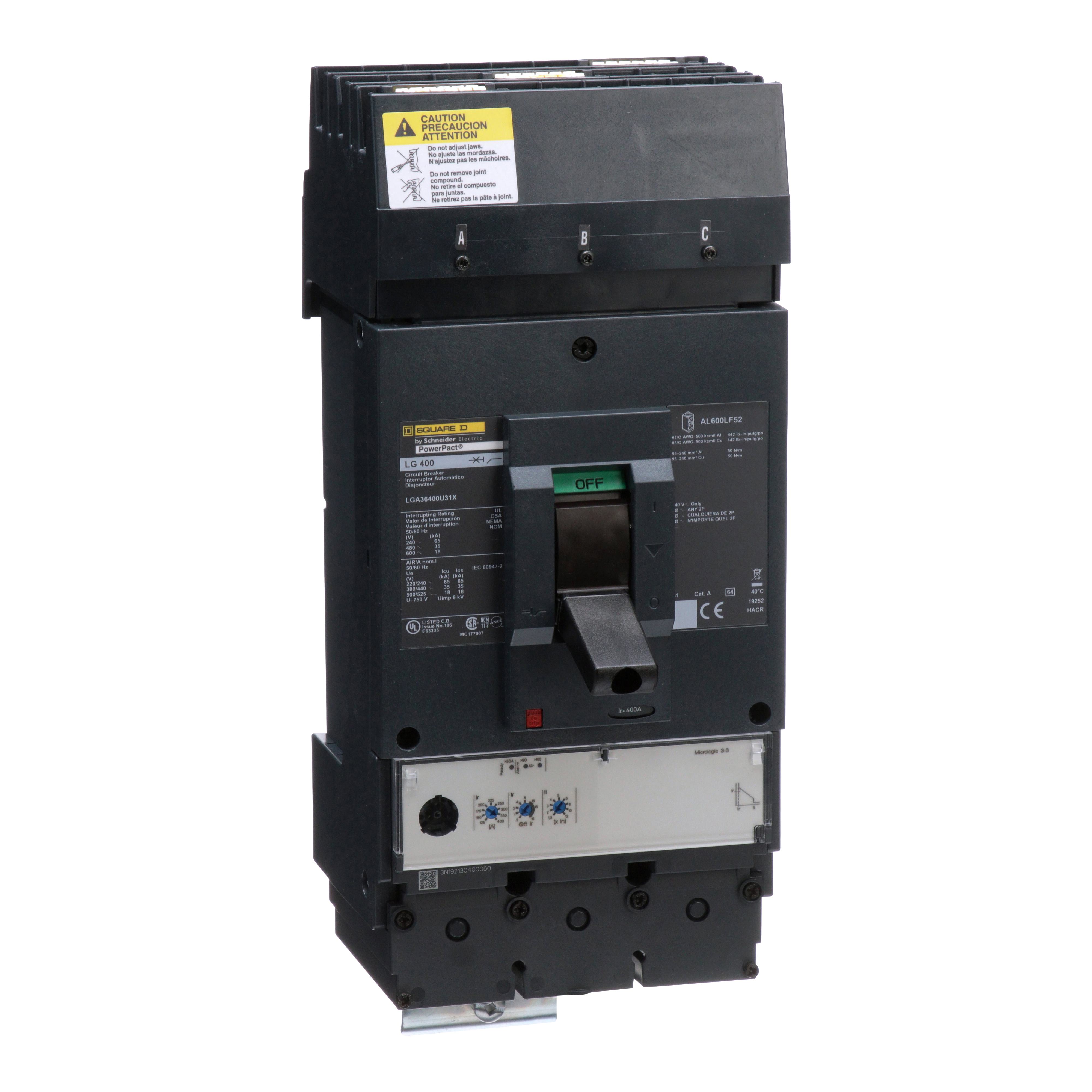 Square D™ I-Line™ PowerPact™ LGA36400U31X 80% Rated Molded Case Circuit Breaker, 600 V AC, 400 A, 18 kA Interrupt, 3 Poles, Electronic Trip