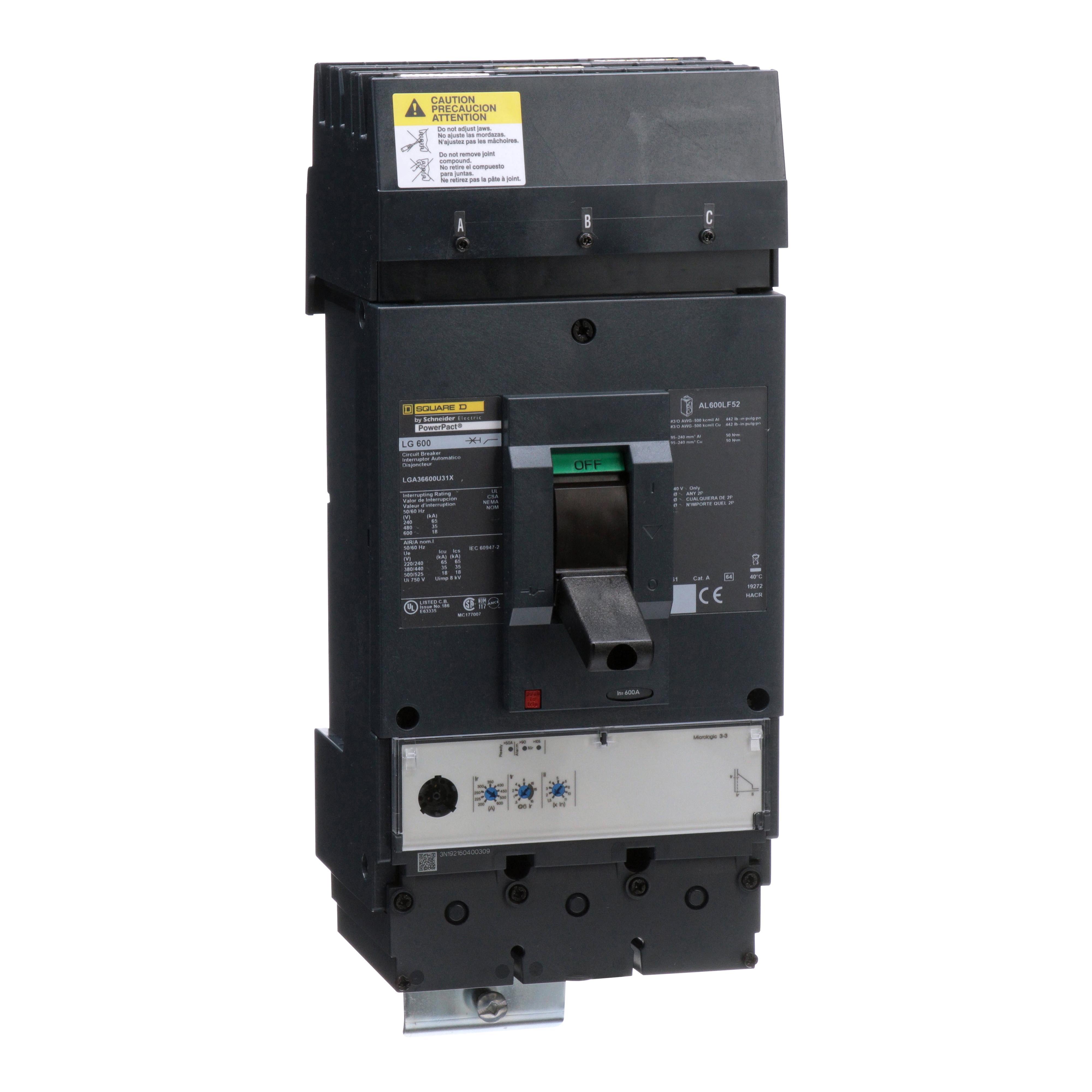 Square D™ I-Line™ PowerPact™ L LGA36600U31X Current Limiter Standard Molded Case Circuit Breaker, 600 V AC, 600 A, 18/35/65 kA Interrupt, 3 Poles, Electronic Trip
