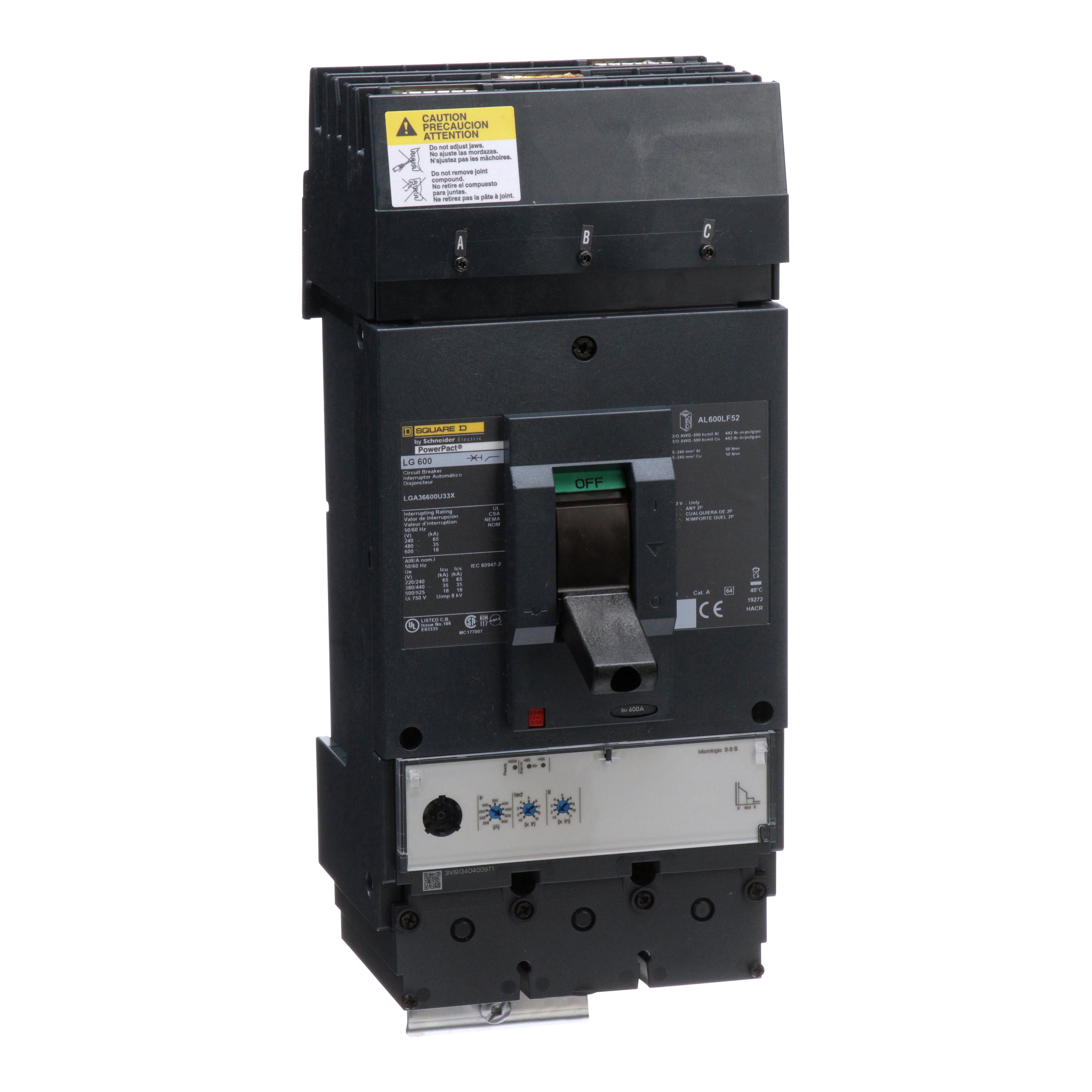 Square D™ I-Line™ PowerPact™ LGA36600U33X Standard L Molded Case Circuit Breaker, 600 V AC, 600 A, 65 kA at 240 V AC/35 kA at 480 V AC/18 kA at 600 V AC Interrupt, 3 Poles, Electronic Trip