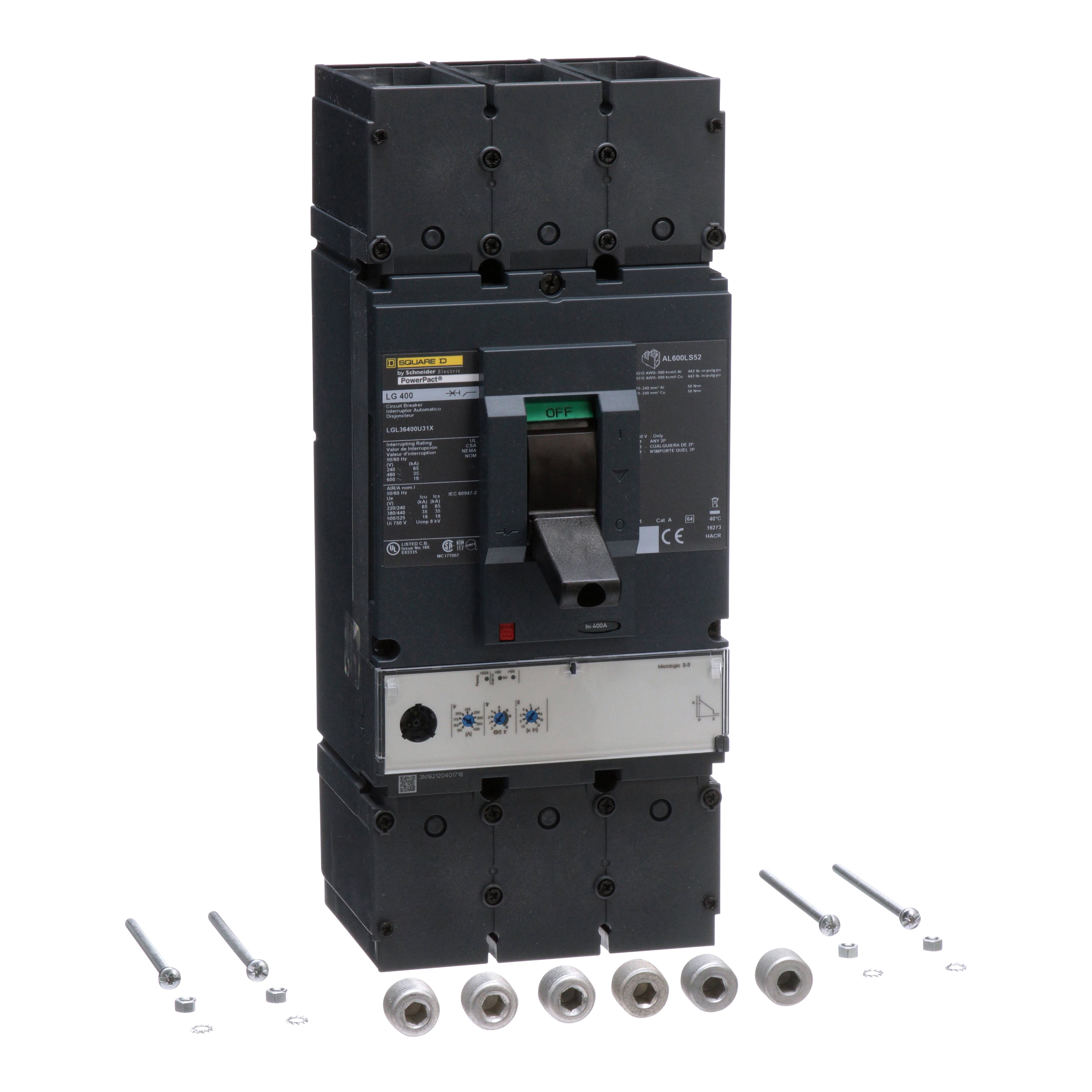 Square D™ PowerPact™ LGL36400U31X 80% Rated Molded Case Circuit Breaker, 600 V AC, 400 A, 18 kA at 600 V AC Interrupt, 3 Poles, Electronic Trip
