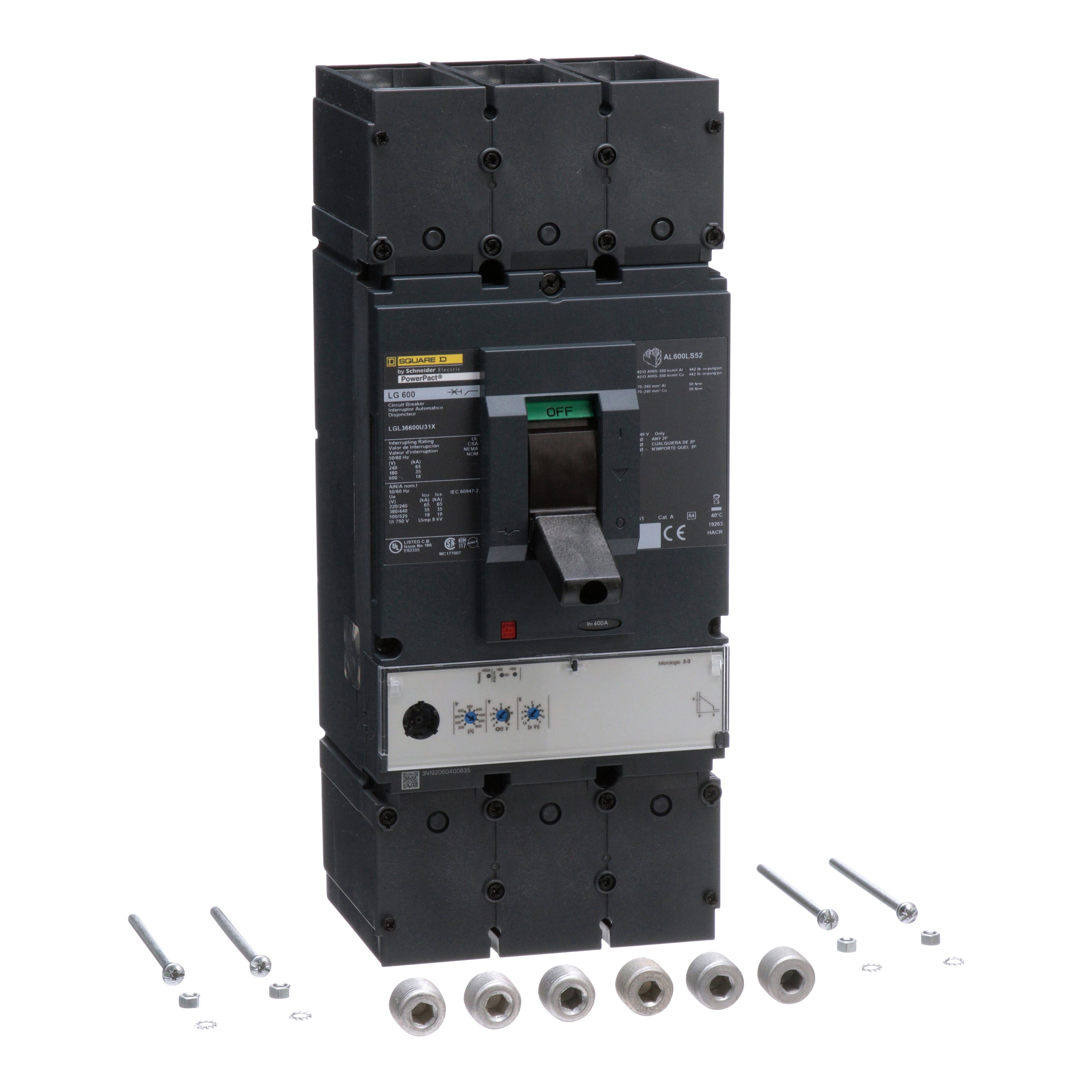 Square D™ PowerPact™ LGL36600U31X 80% Rated Molded Case Circuit Breaker, 600 V AC, 600 A, 18 kA at 600 V AC Interrupt, 3 Poles, Electronic Trip