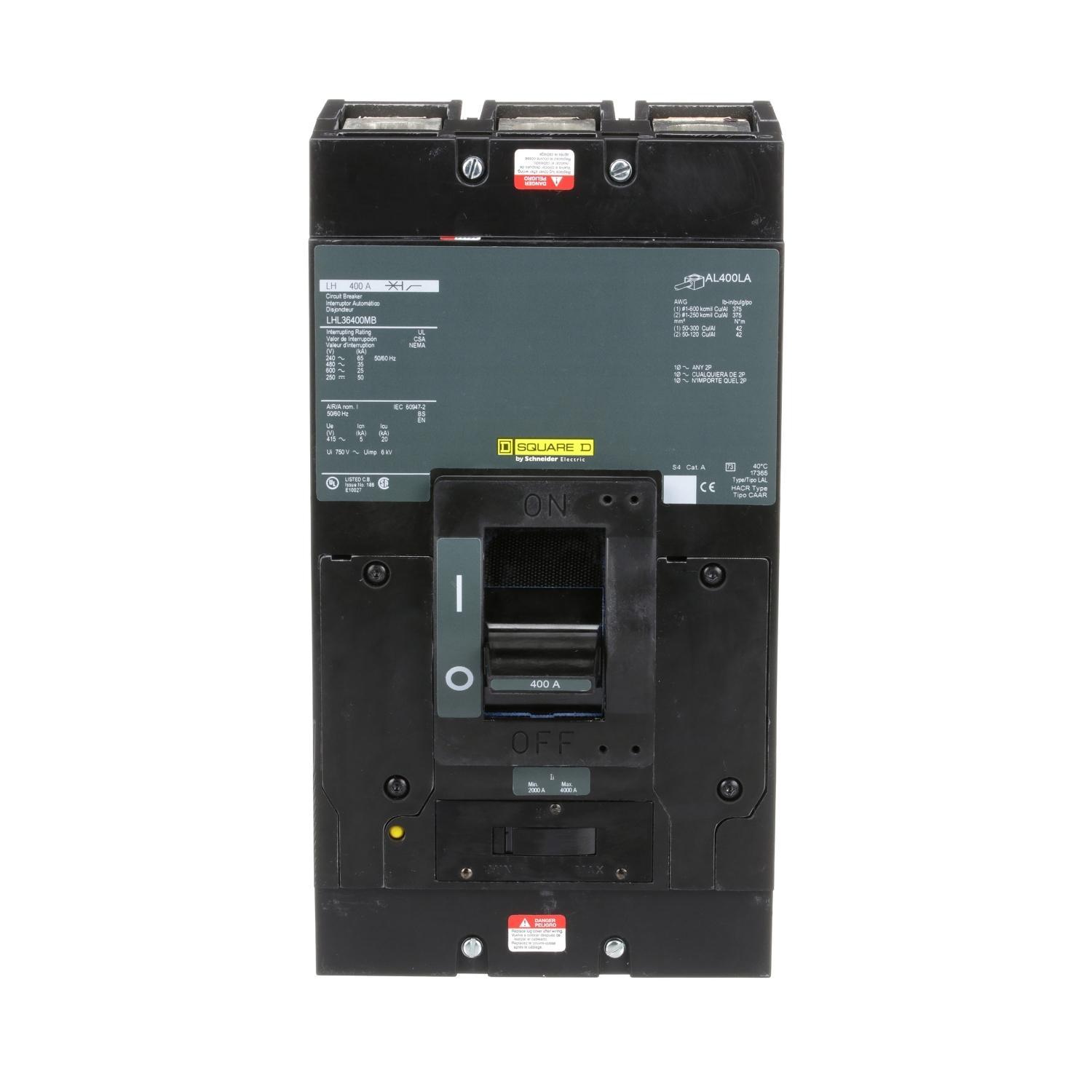 Square D™ LHL36400MB Adjustable High Interrupt Molded Case Circuit Breaker, 600 V AC/250 V DC, 400 A, 65 kA at 240 VAC/35 kA at 480 VAC/25 kA at 600 VAC/50 kA at 125/250 VDC Interrupt, 3 Poles, Thermal Magnetic Trip