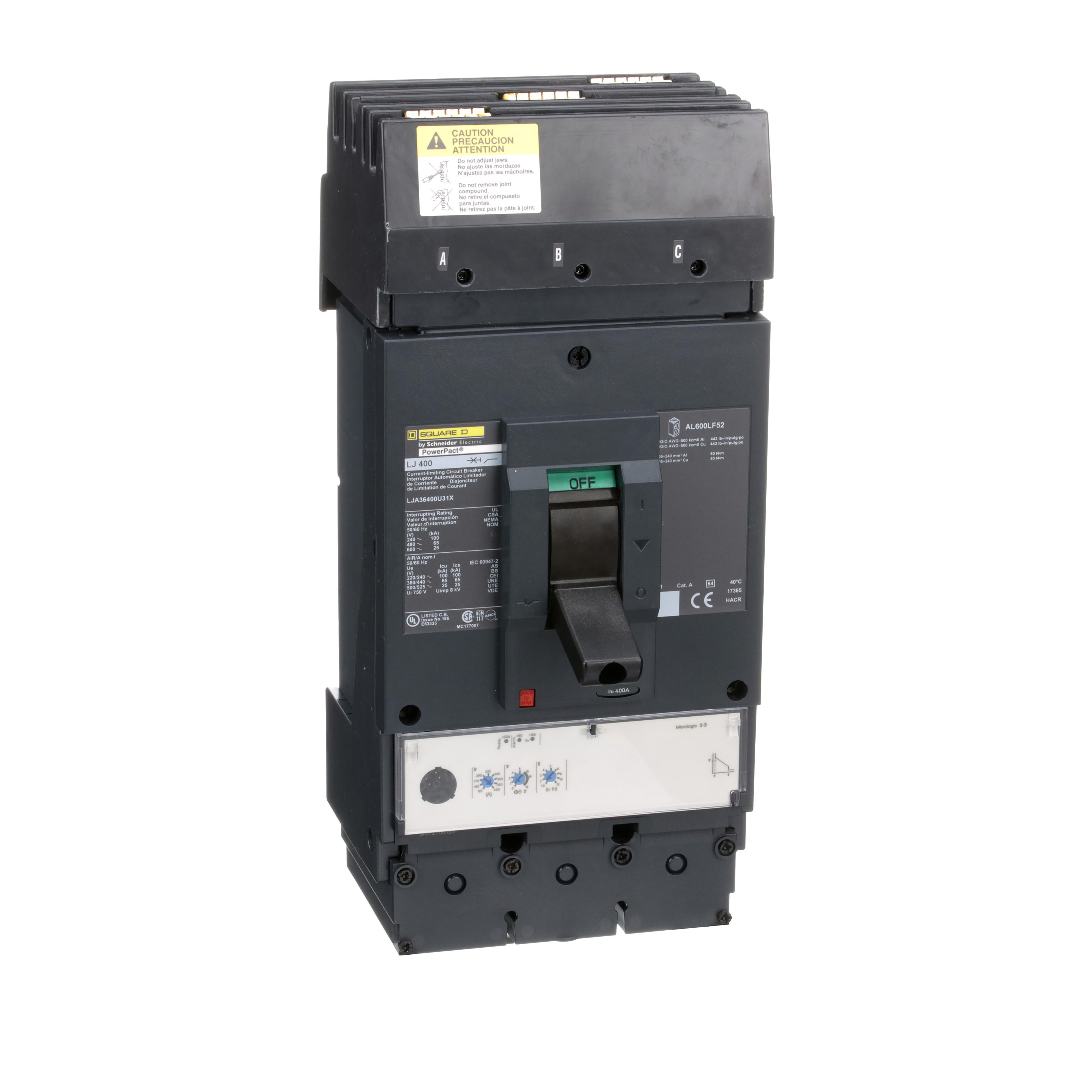 Square D™ PowerPact™ LJA36400U31X Type LJA Solid State Molded Case Circuit Breaker With Micrologic Trip, 600 V AC, 400 A, 25 kA Interrupt, 3 Poles, Electronic Trip