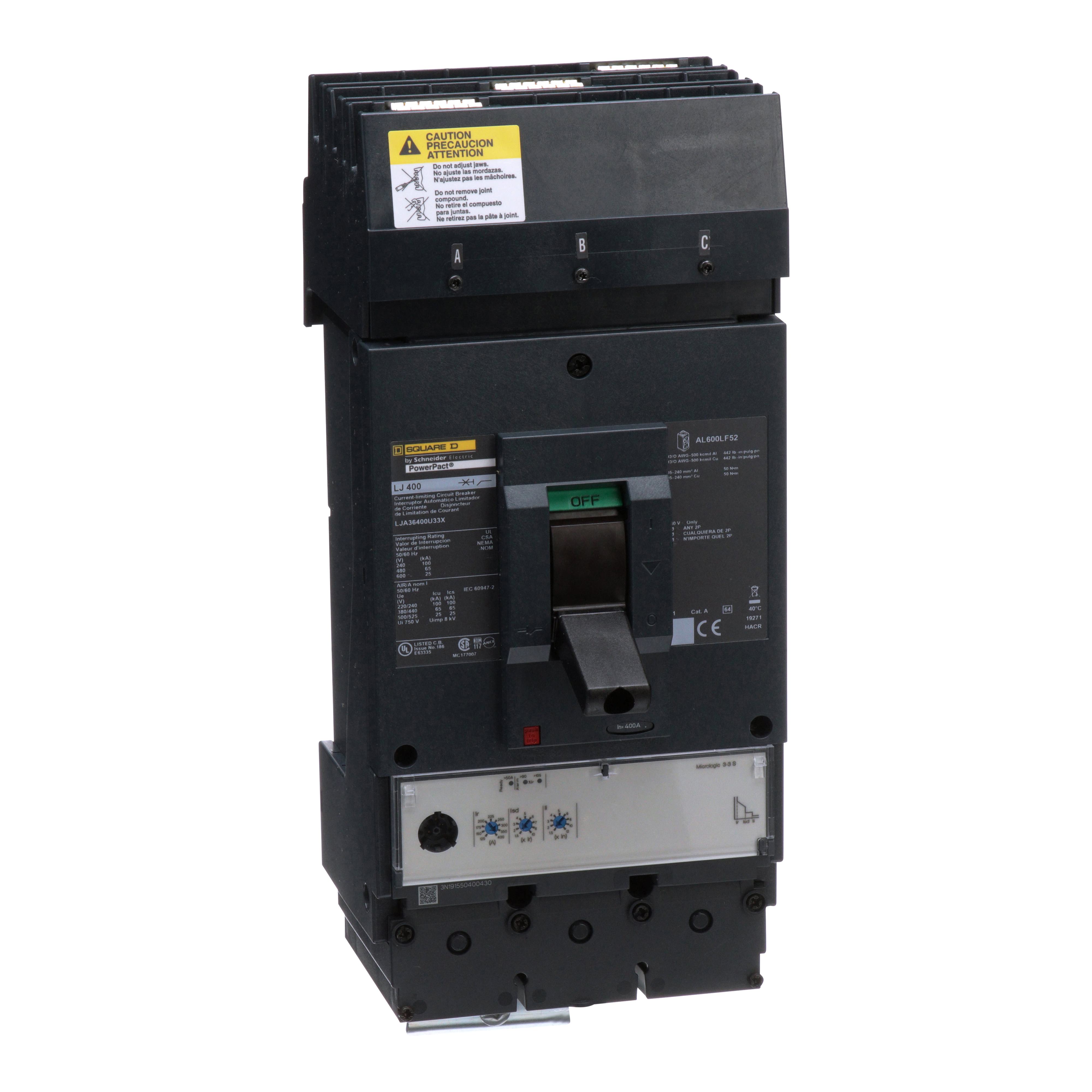 Square D™ I-Line™ PowerPact™ LJA36400U33X Current Limiter Standard L Molded Case Circuit Breaker, 600 V AC, 400 A, 25/65/100 kA Interrupt, 3 Poles, Electronic Trip