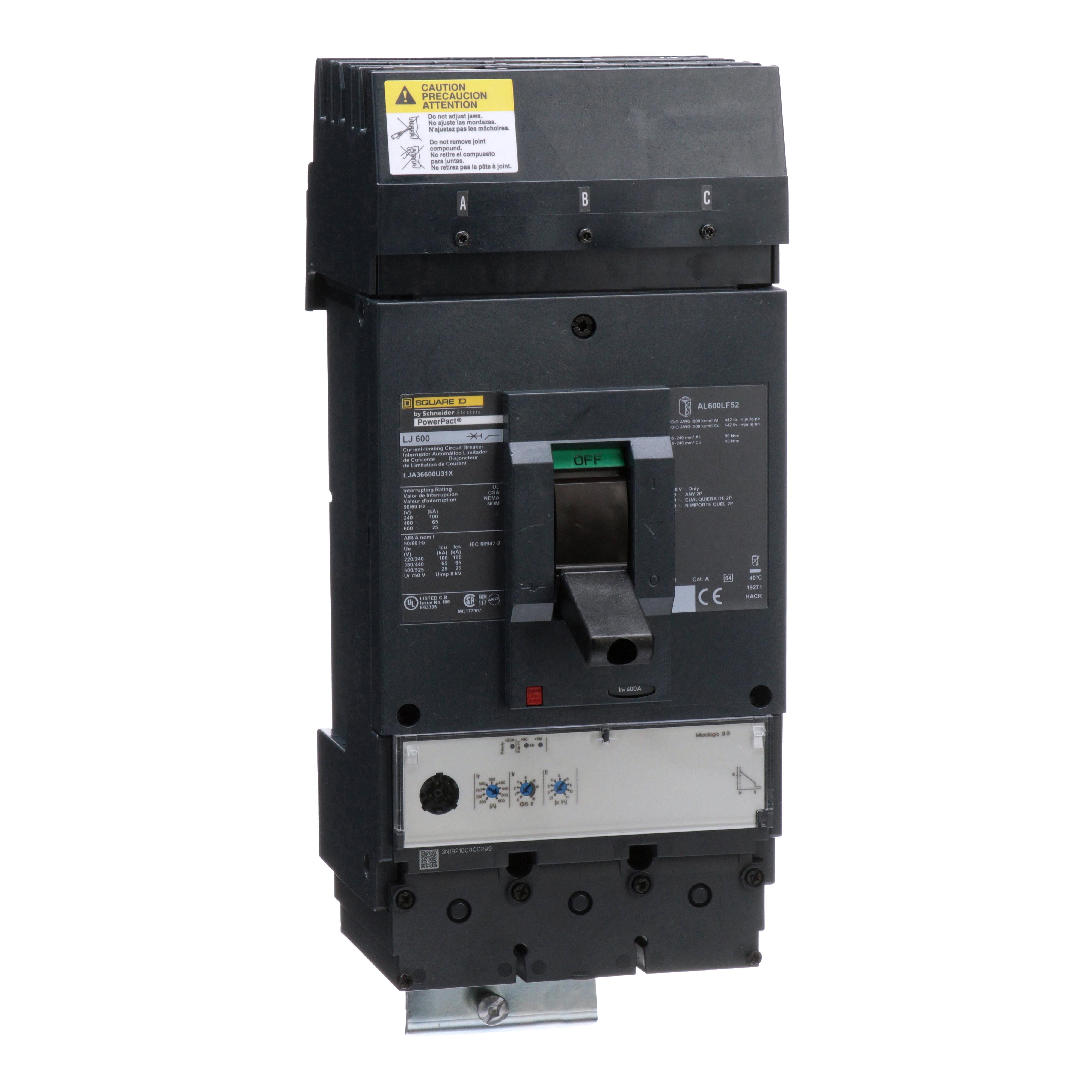 Square D™ PowerPact™ LJA36600U31X Type LJA Solid State Molded Case Circuit Breaker With Micrologic Trip, 600 V AC, 600 A, 25 kA Interrupt, 3 Poles, Electronic Trip