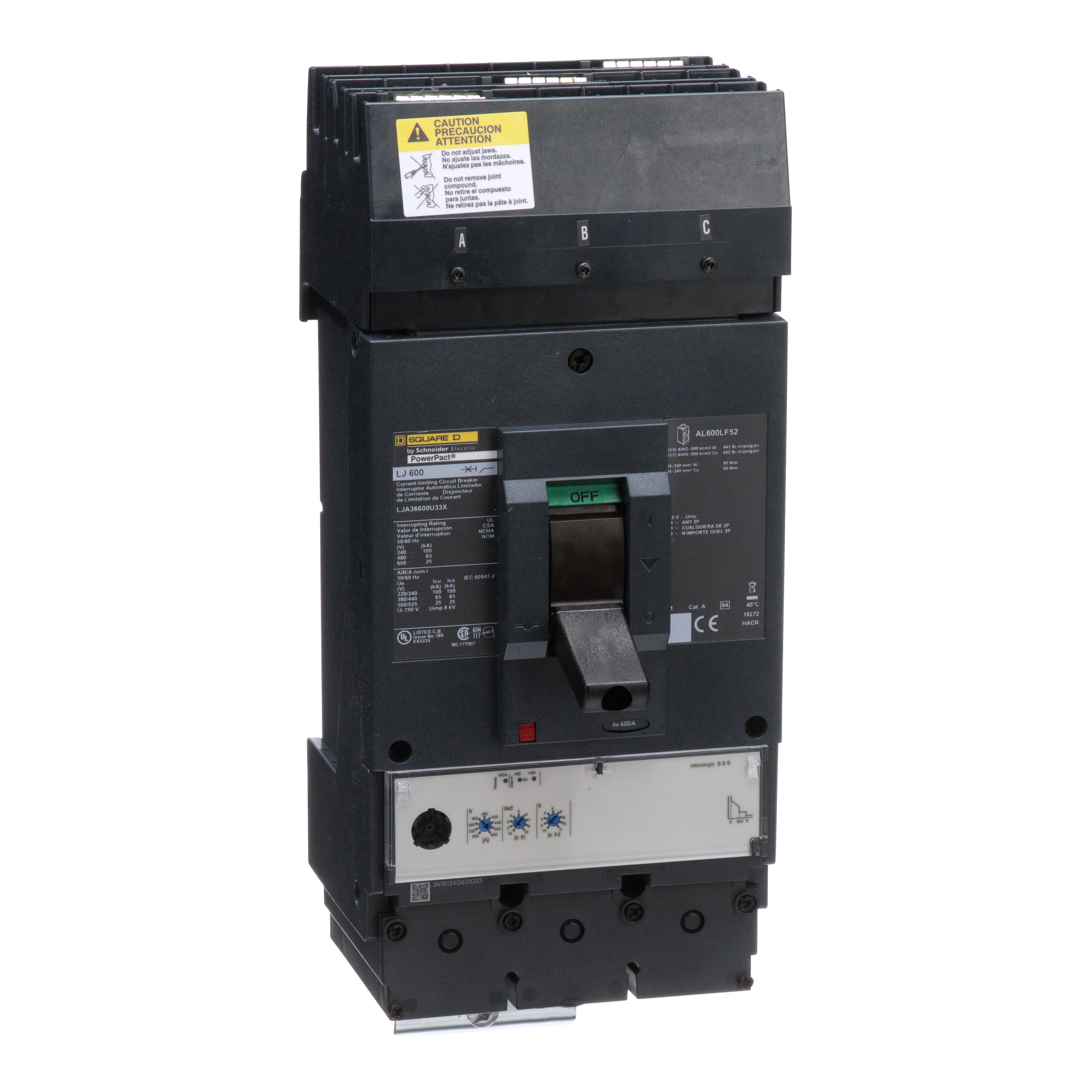 Square D™ I-Line™ PowerPact™ LJA36600U33X Standard L Molded Case Circuit Breaker, 600 V AC, 600 A, 100 kA at 240 V AC/65 kA at 480 V AC/25 kA at 600 V AC Interrupt, 3 Poles, Electronic Trip