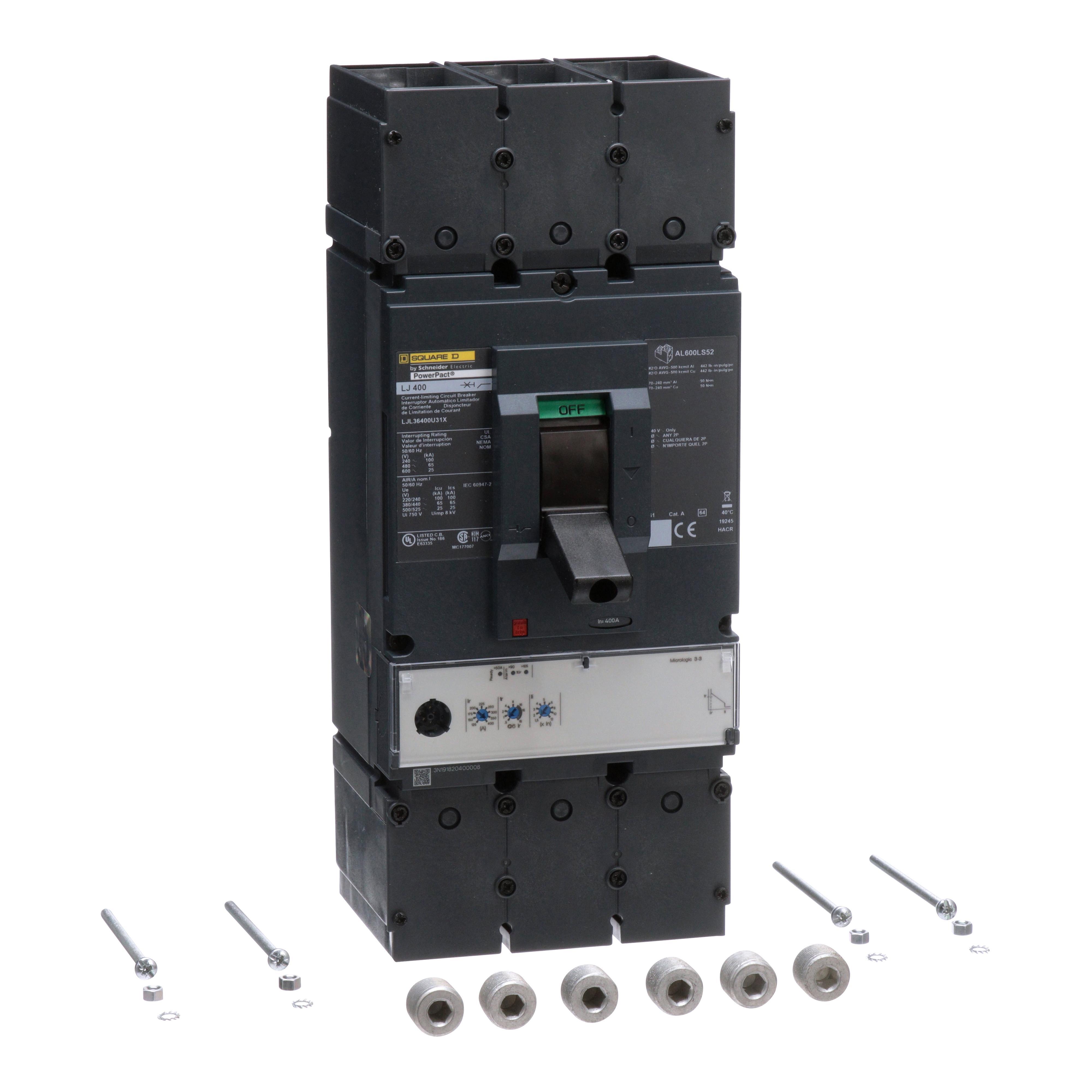 Square D™ PowerPact™ LJL36400U31X 80% Rated Solid State Type LJL Molded Case Circuit Breaker, 600 V AC, 400 A, 25 kA at 600 V AC Interrupt, 3 Poles, Electronic Trip