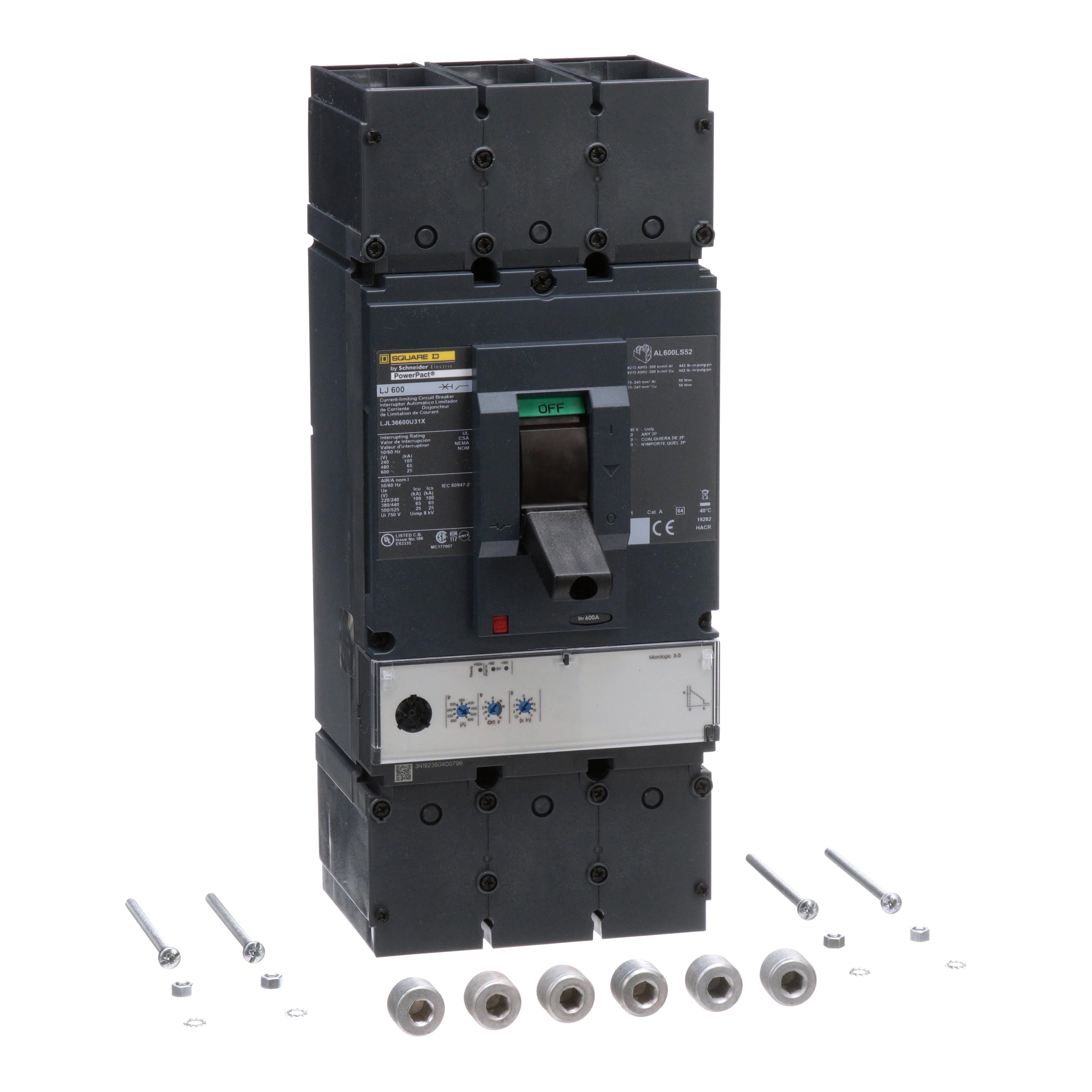 Square D™ PowerPact™ LJL36600U31X 80% Rated Type LJL Molded Case Circuit Breaker, 600 V AC, 600 A, 100 kA at 240 V AC/65 kA at 480 V AC/25 kA at 600 V AC/600 V AC Interrupt, 3 Poles, Electronic Trip