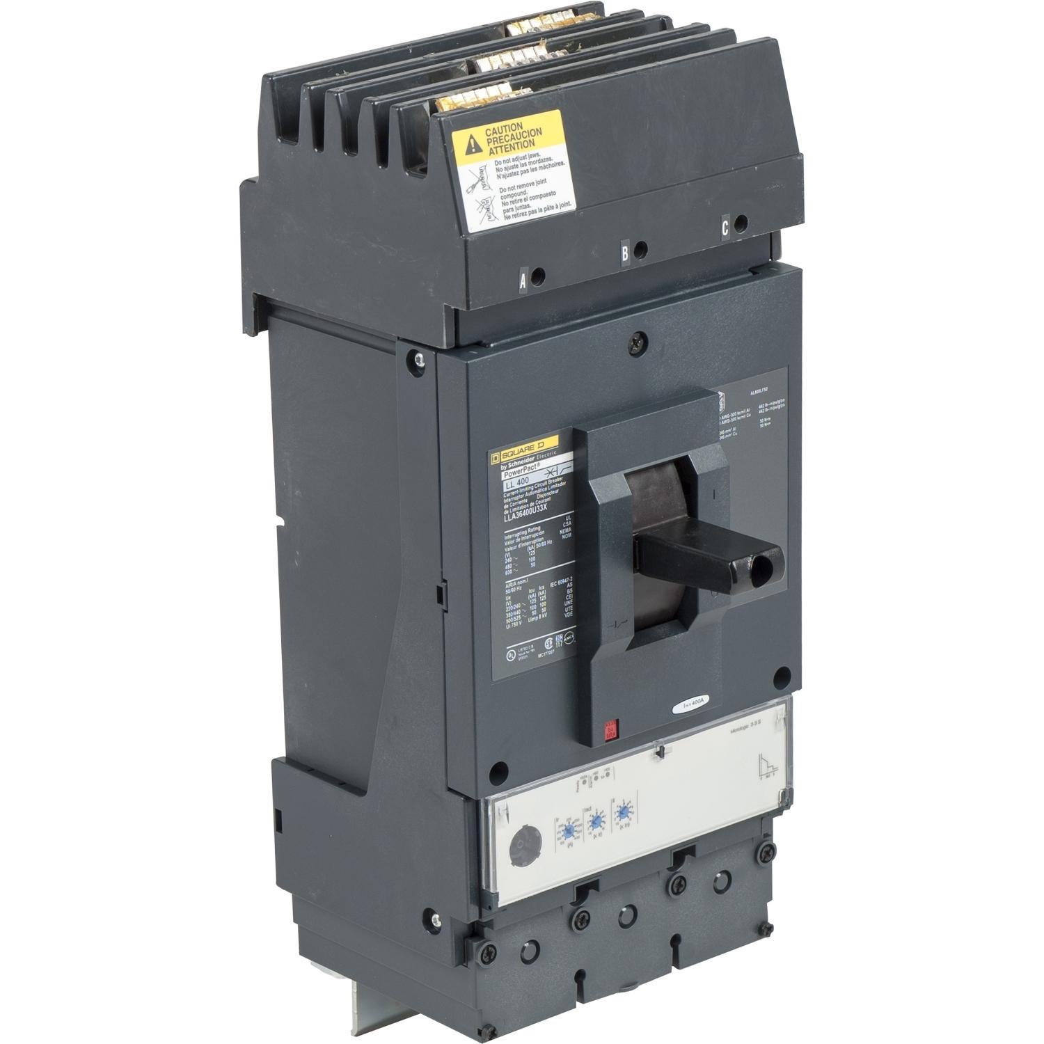 Square D™ I-Line™ PowerPact™ LLA36400U33X Standard L Molded Case Circuit Breaker, 600 V AC, 400 A, 125 kA at 240 V AC/100 kA at 480 V AC/50 kA at 600 V AC Interrupt, 3 Poles, Electronic Trip