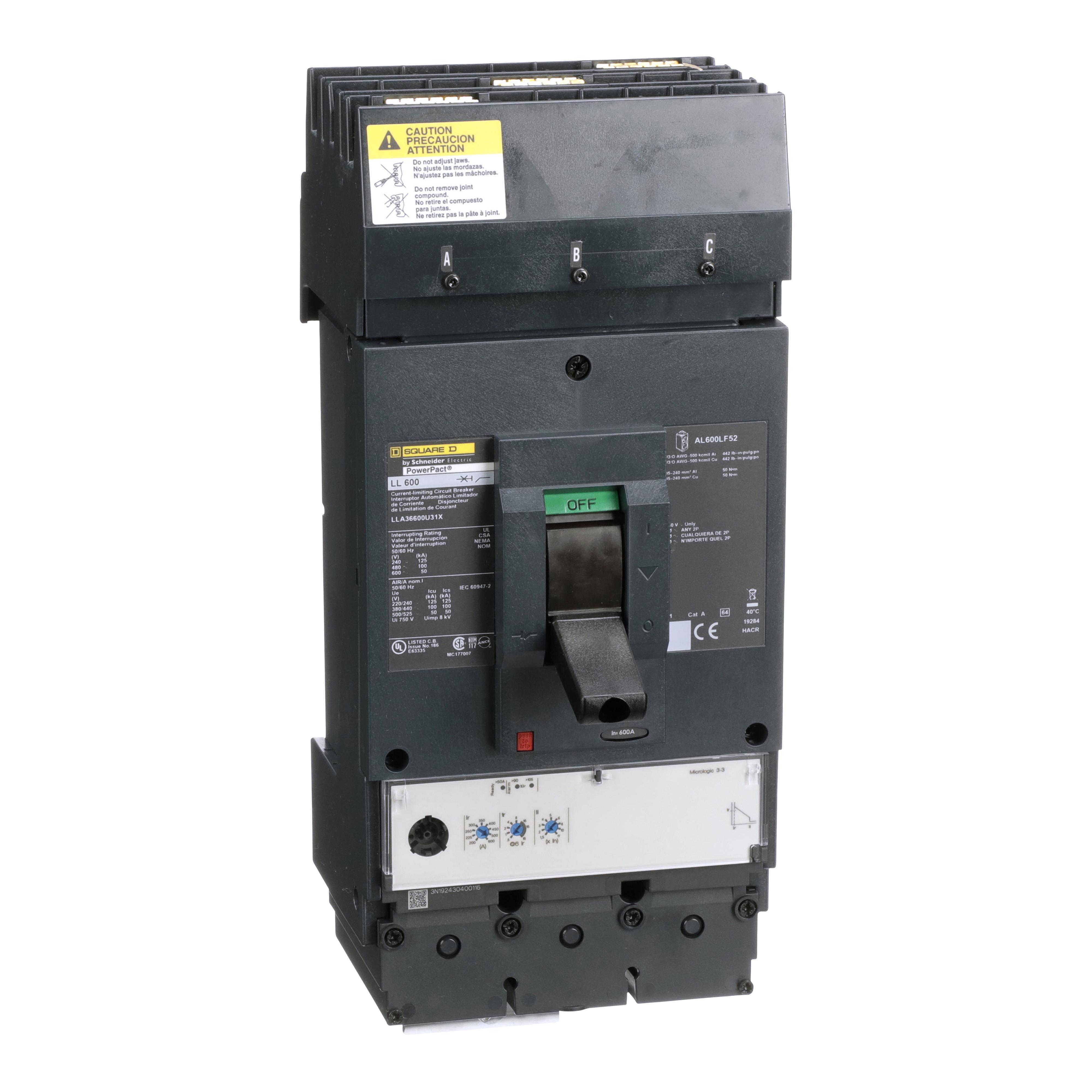 Square D™ I-Line™ PowerPact™ LLA36600U31X Standard L Molded Case Circuit Breaker, 600 V AC, 600 A, 125 kA at 240 V AC/100 kA at 480 V AC/50 kA at 600 V AC Interrupt, 3 Poles, Electronic Trip