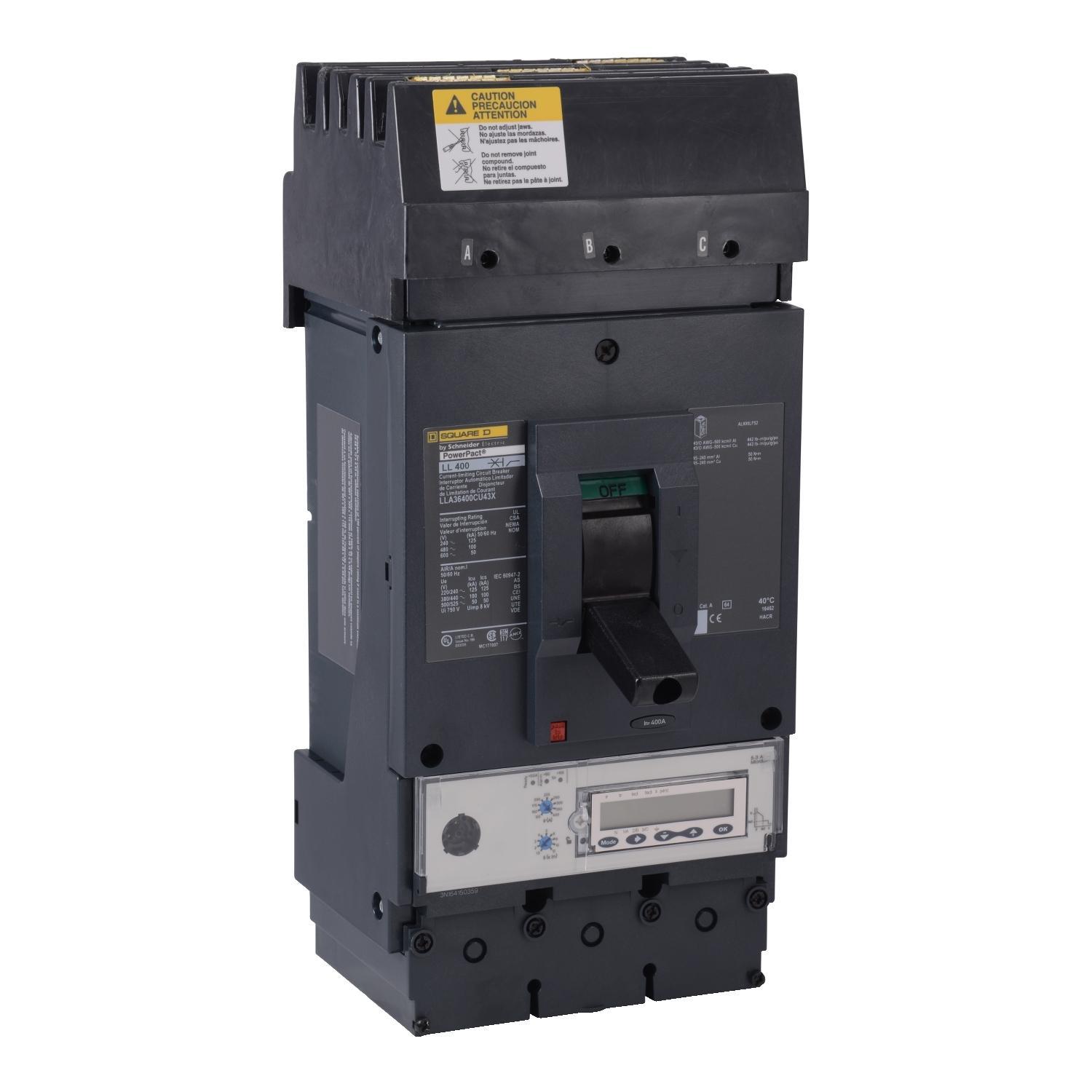 Square D™ PowerPact™ LLA36400U43X Molded Case Circuit Breaker, 600 V AC, 400 A, 50 kA Interrupt, 3 Poles, Electronic Trip
