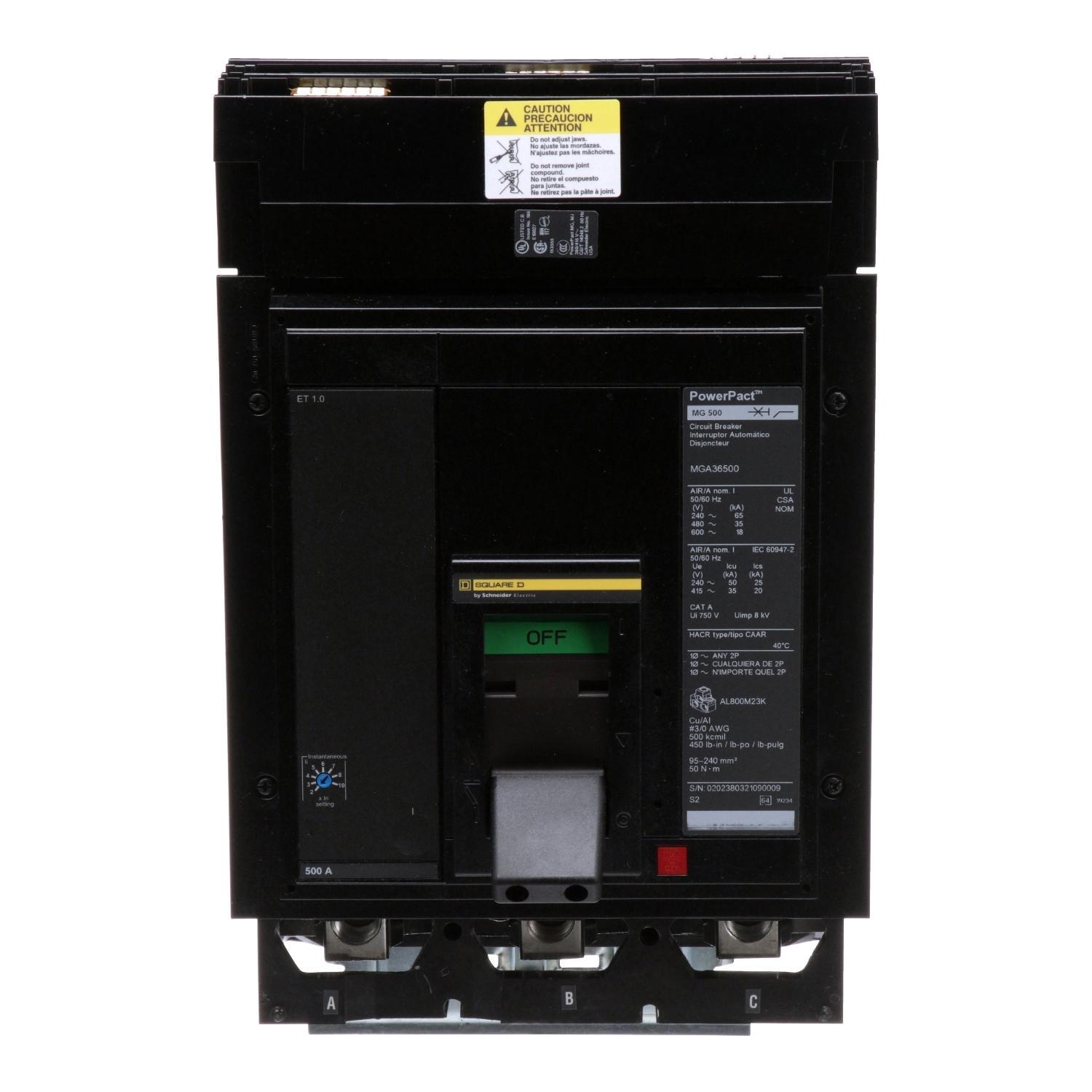 Square D™ MGA36500 MGA 3-Pole Molded Case Circuit Breaker, 600 V AC, 500 A, 18/35/65 kA Interrupt, 3 Poles, Electronic Trip