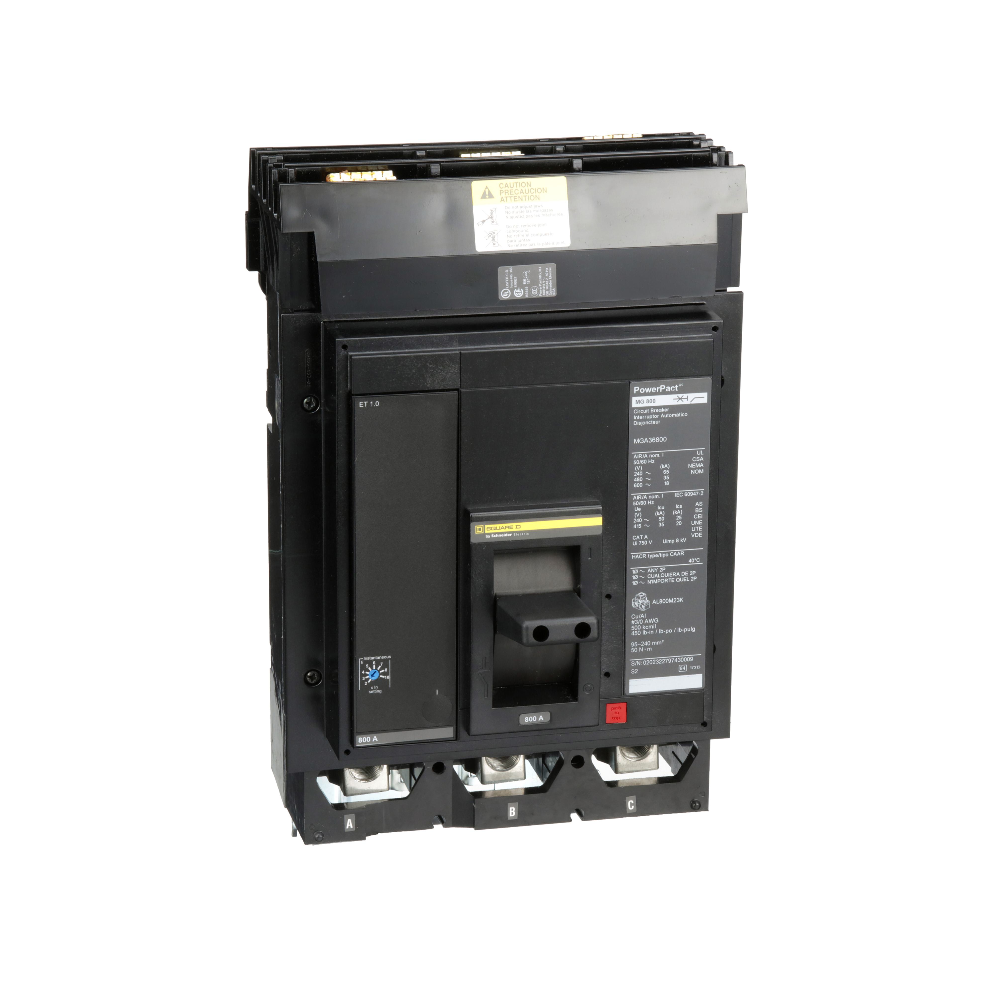 Square D™ PowerPact™ M MGA36800 Type MGA Molded Case Circuit Breaker, 600 V AC, 800 A, 18 kA Interrupt, 3 Poles, Electronic Trip